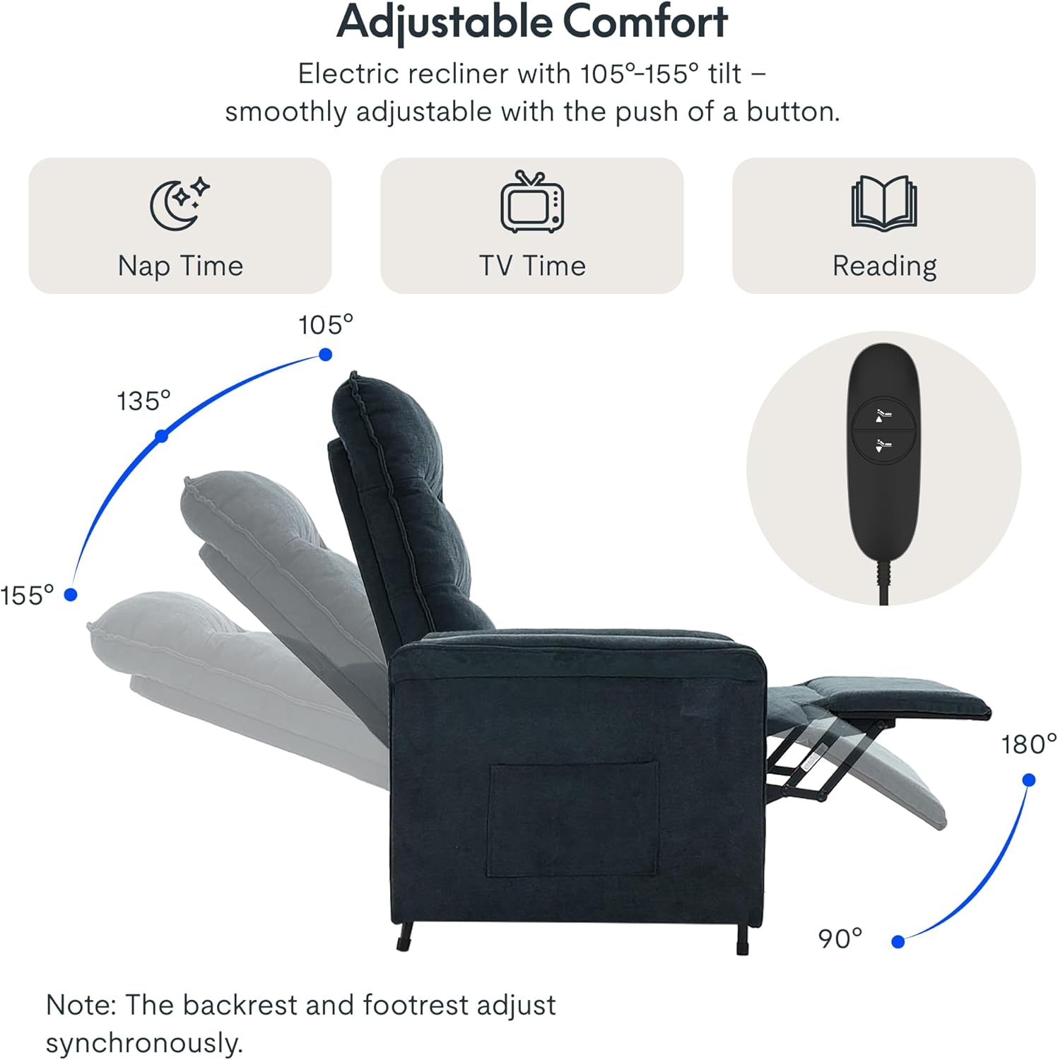 FLEXISPOT Elektrischer Relaxsessel mit verstellbarer Rückenlehne, Neigungswinkel 105° bis 155°, ergonomischer Relaxsessel für Schlafzimmer, Wohnzimmer und Heimkino (Dunkelgrau)
