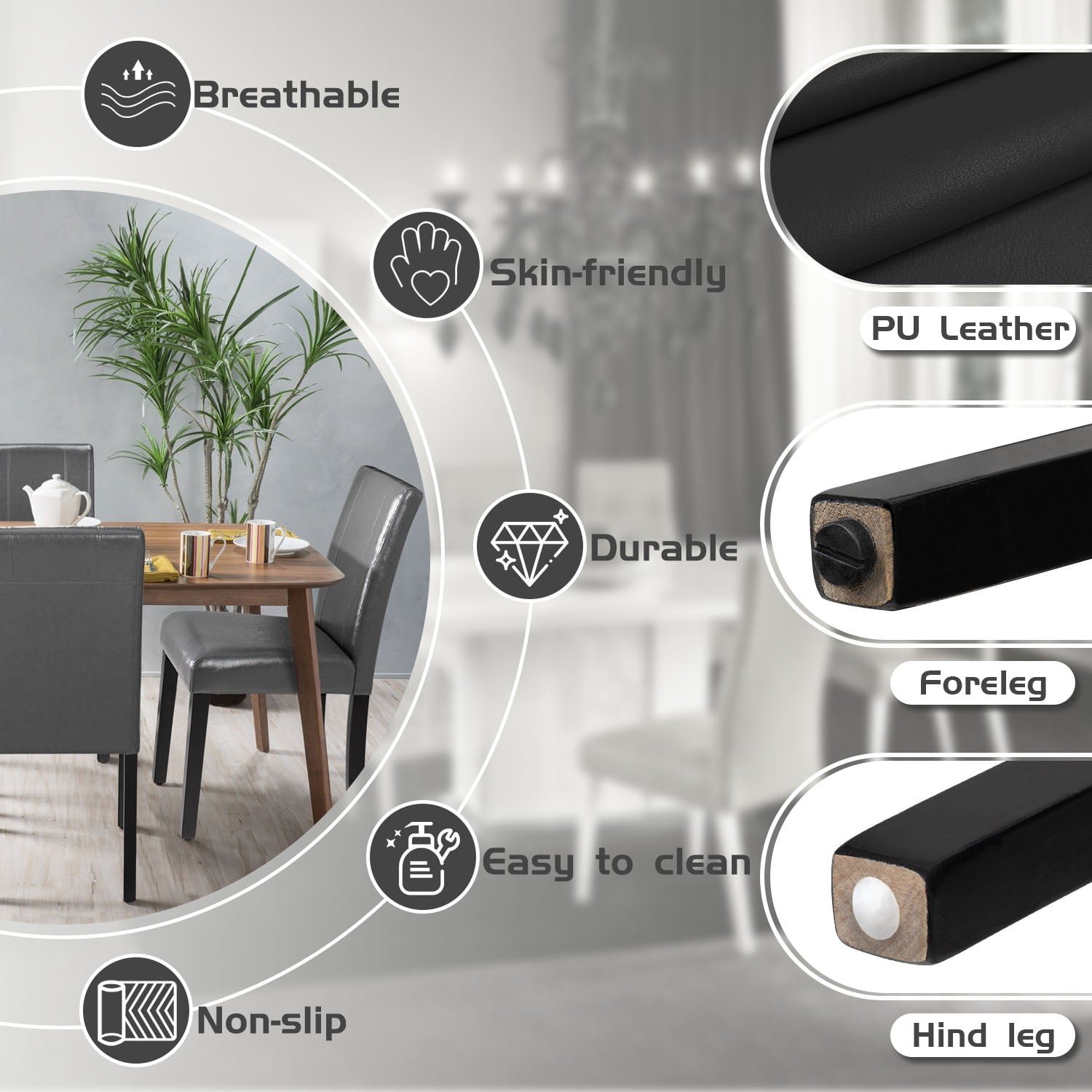 Lacoo 4er-Set Esszimmerstühle im urbanen Stil aus PU-Leder mit Holzbeinen, Schwarz