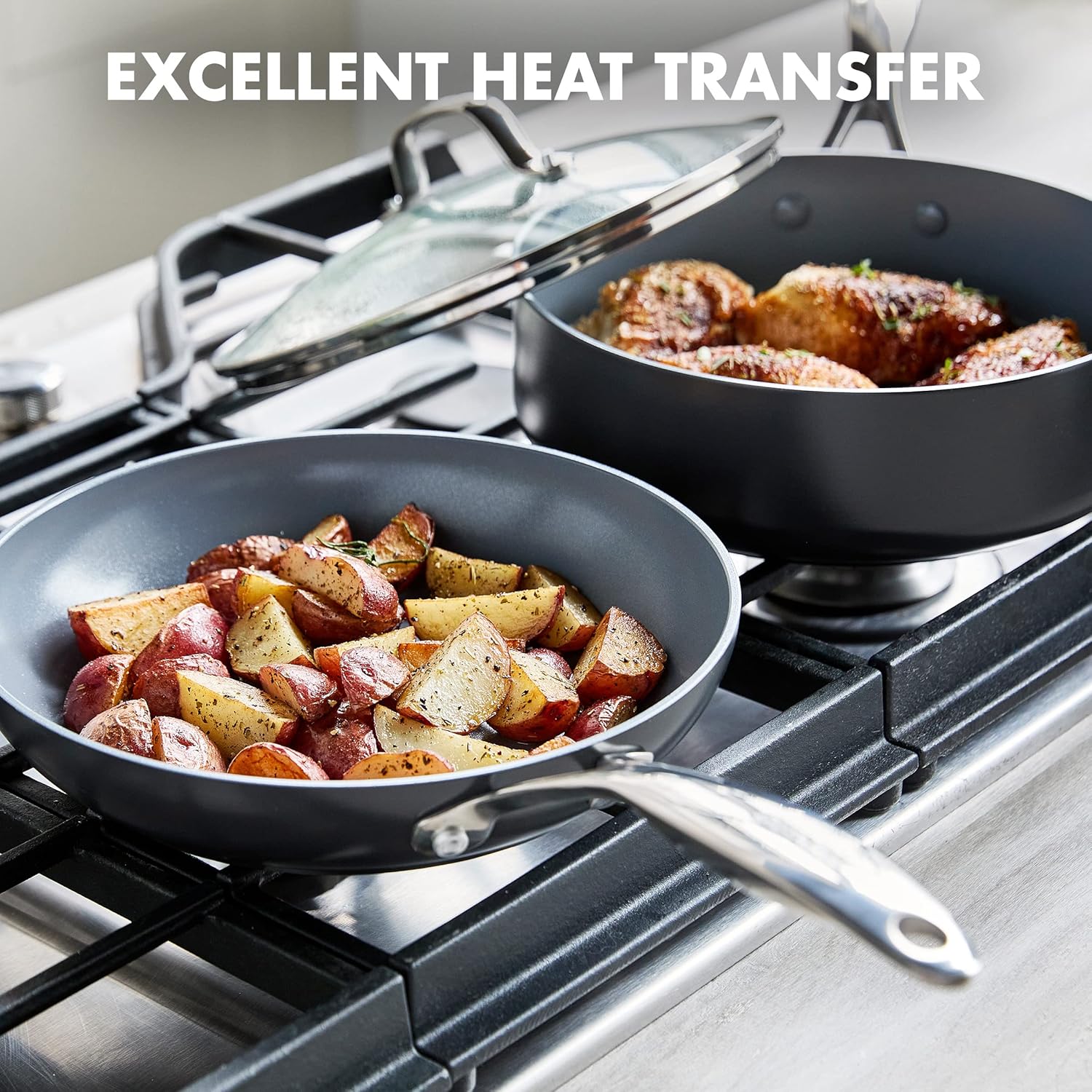 GreenPan Valencia Pro 11-teiliges Kochgeschirr-Set, gesunde, antihaftbeschichtete, hart eloxierte Keramik, inklusive Bratpfannen, Fritteuse, Töpfen und Deckeln, PFAS-frei, induktionsgeeignet, spülmaschinen- und ofenfest, Grau