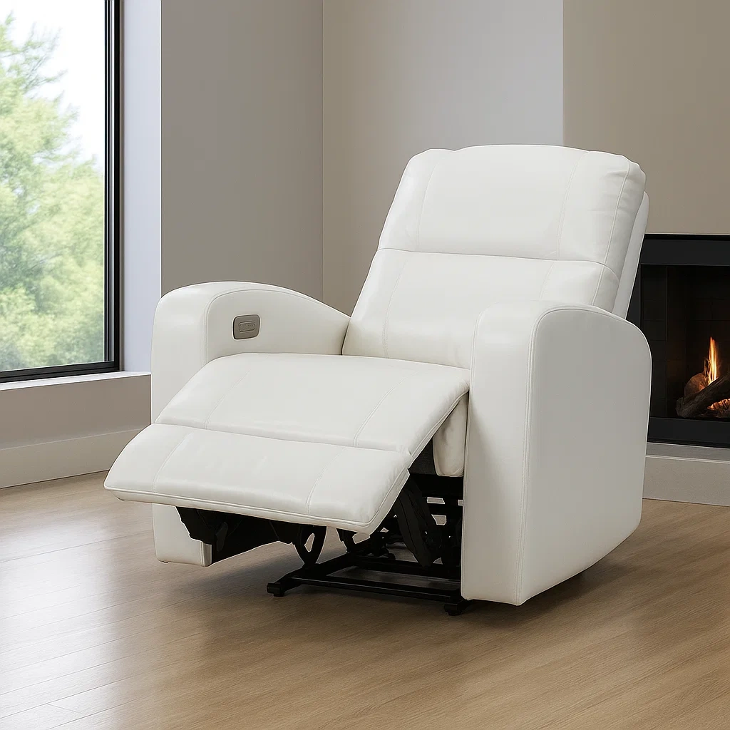 Transat blanc en similicuir et bois, idéal pour le salon, 91 x 83 x 121 cm