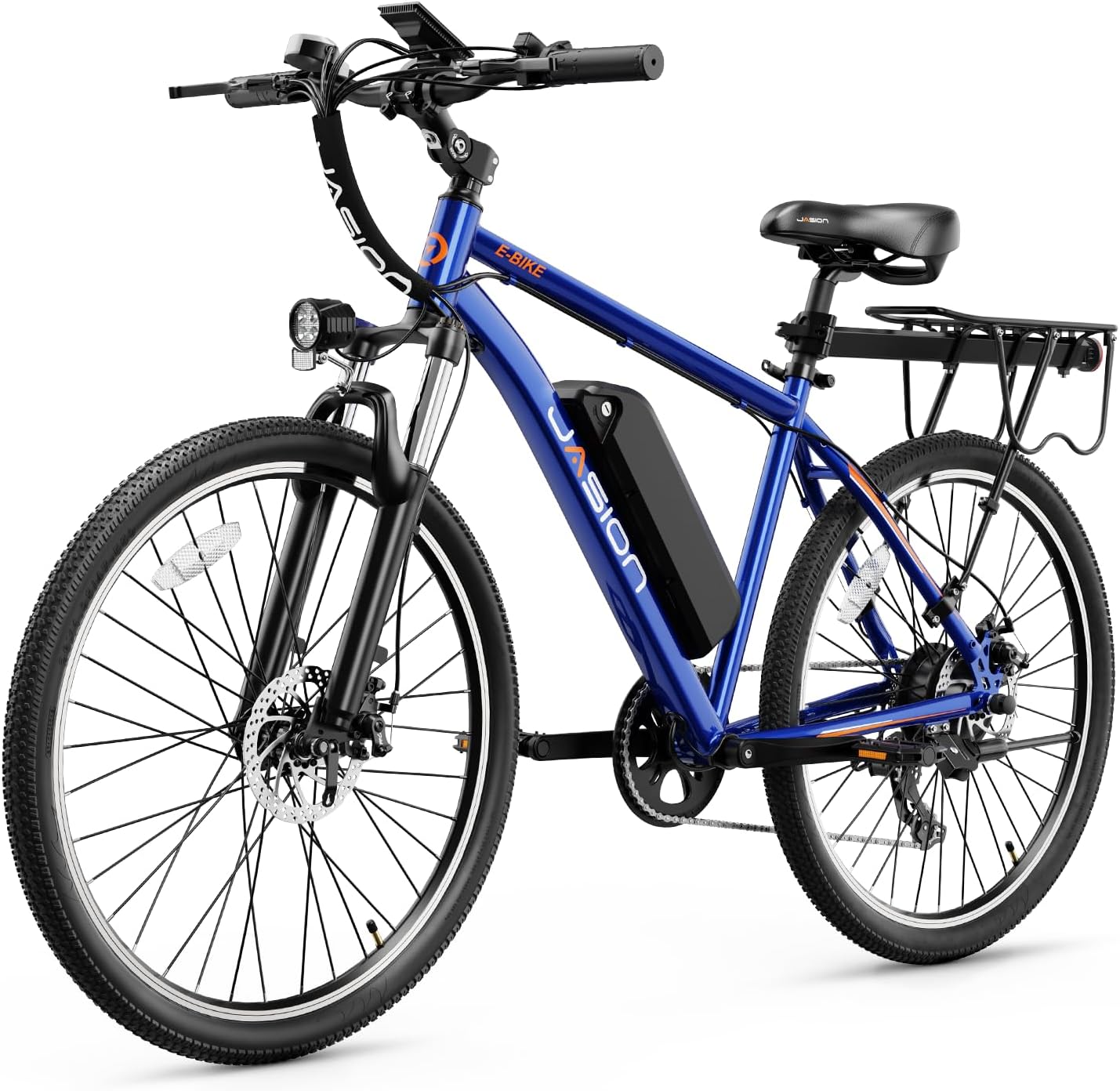 Vélo électrique Jasion EB5 pour adultes avec batterie amovible de 360 ​​Wh, 64 km, 32 km/h, VTT électrique de ville avec moteur de 350 W, 7 vitesses, pneus de 26 pouces et suspension avant.