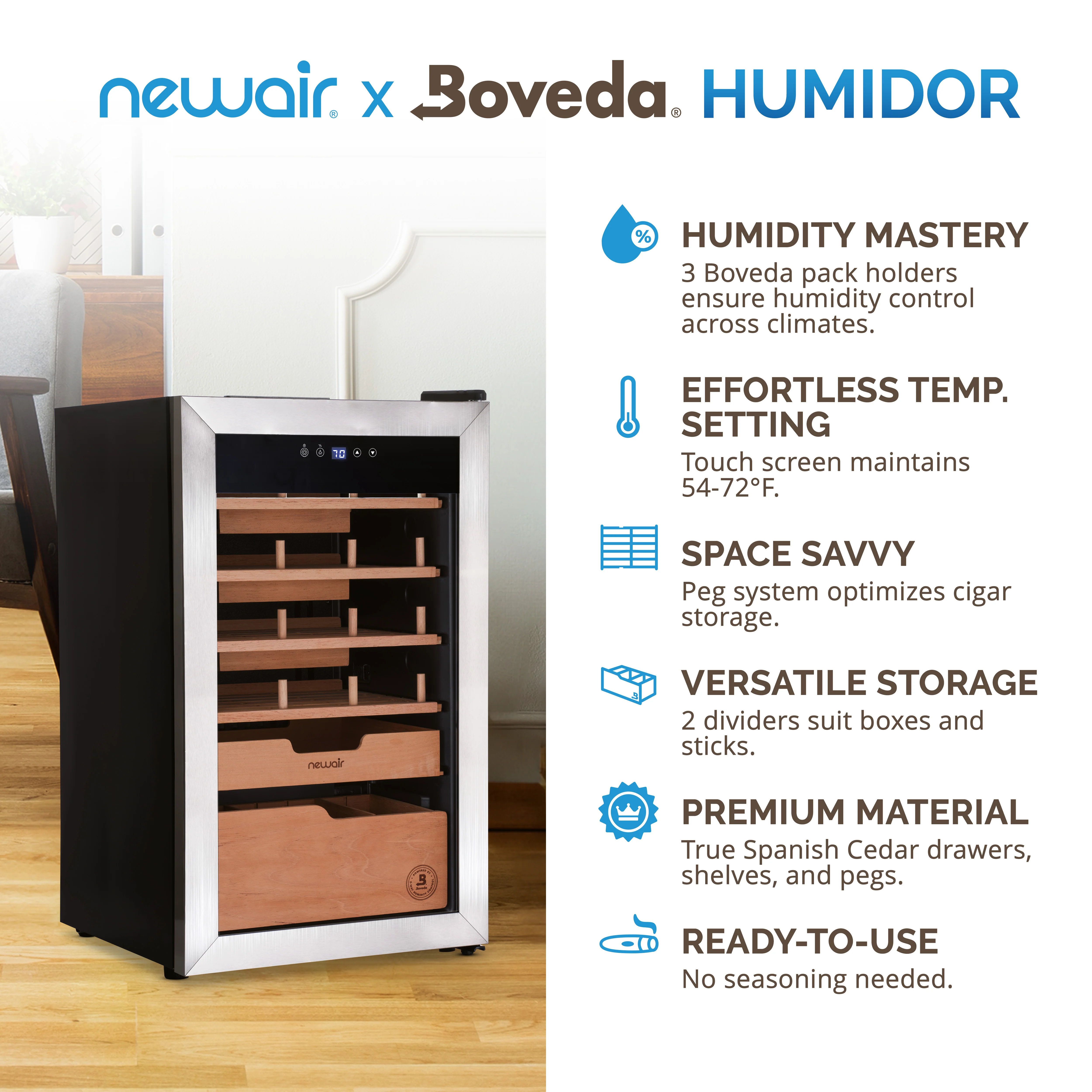 Humidificateur électrique pour cigares Newair® x Boveda 2025 – Capacité de 500 cigares