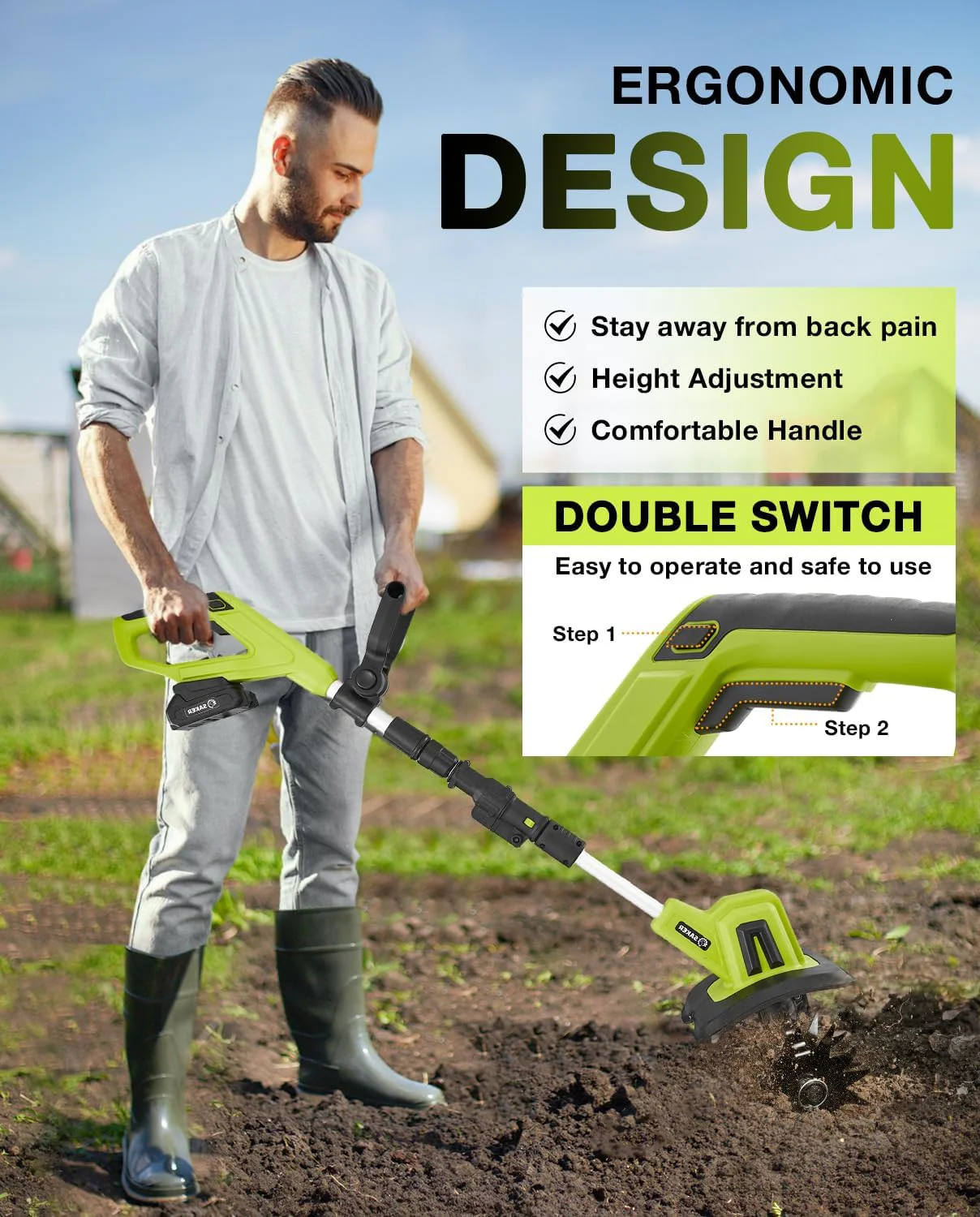 Motobineuse Électrique Sans Fil Saker 22V. Motoculteur Léger pour Jardinage. Largeur de Travail 9 pouces. Profondeur 6,3 pouces pour Préparation du Sol. Désherbage et Jardinage. avec 2 piles SK-TC18B