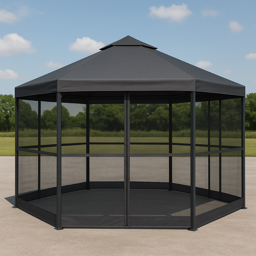 Gazebo hexagonale en acier noir pour jardin extérieur 3x3x2,6m