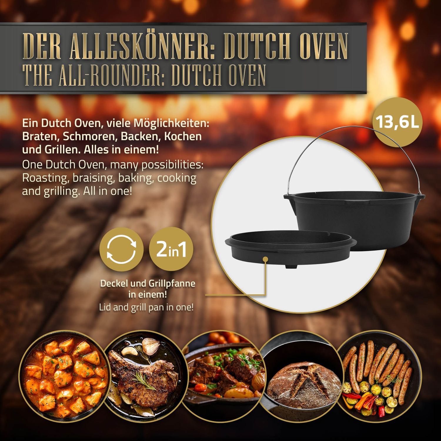 Ensemble de cocotte BBQ 13,6 L noir avec lève-couvercle et dessous de plat BBQ#boss