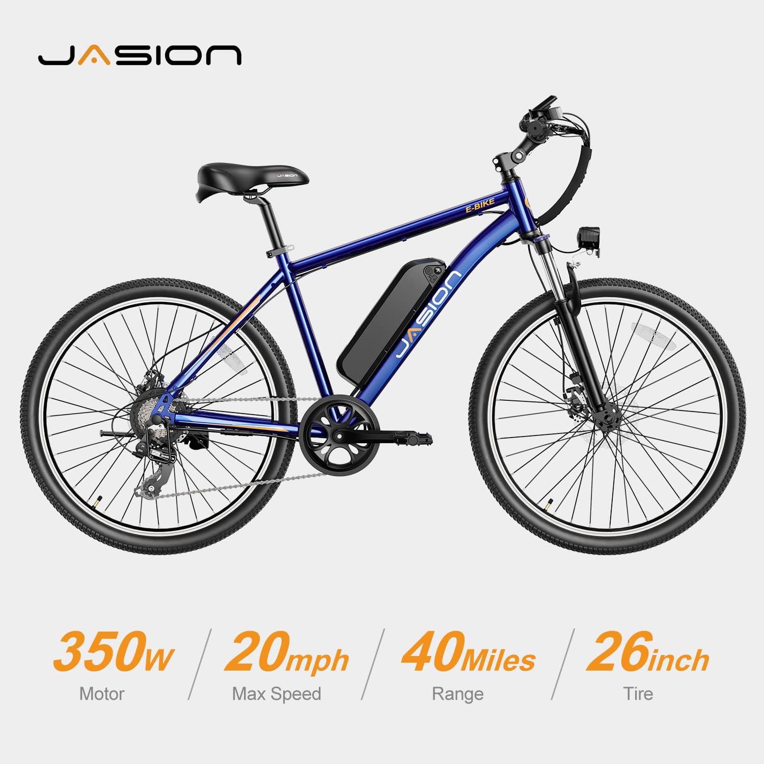 Vélo électrique Jasion EB5 pour adultes avec batterie amovible de 360 ​​Wh, 64 km, 32 km/h, VTT électrique de ville avec moteur de 350 W, 7 vitesses, pneus de 26 pouces et suspension avant.