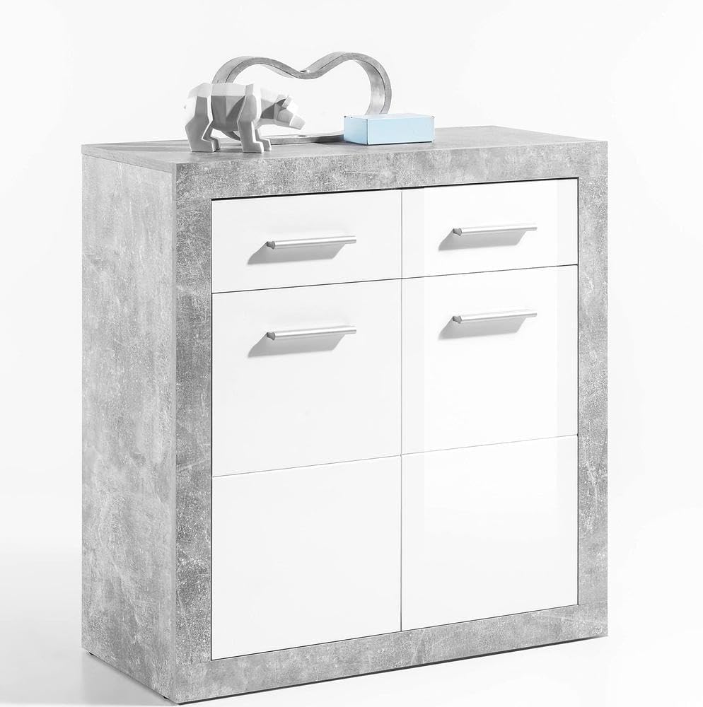 STONE Große Vitrine mit Betonoptik und hochglänzendem Weiß, moderne Vitrine mit LED-Beleuchtung und viel Stauraum, 92 x 194 x 37 cm (B x H x T)