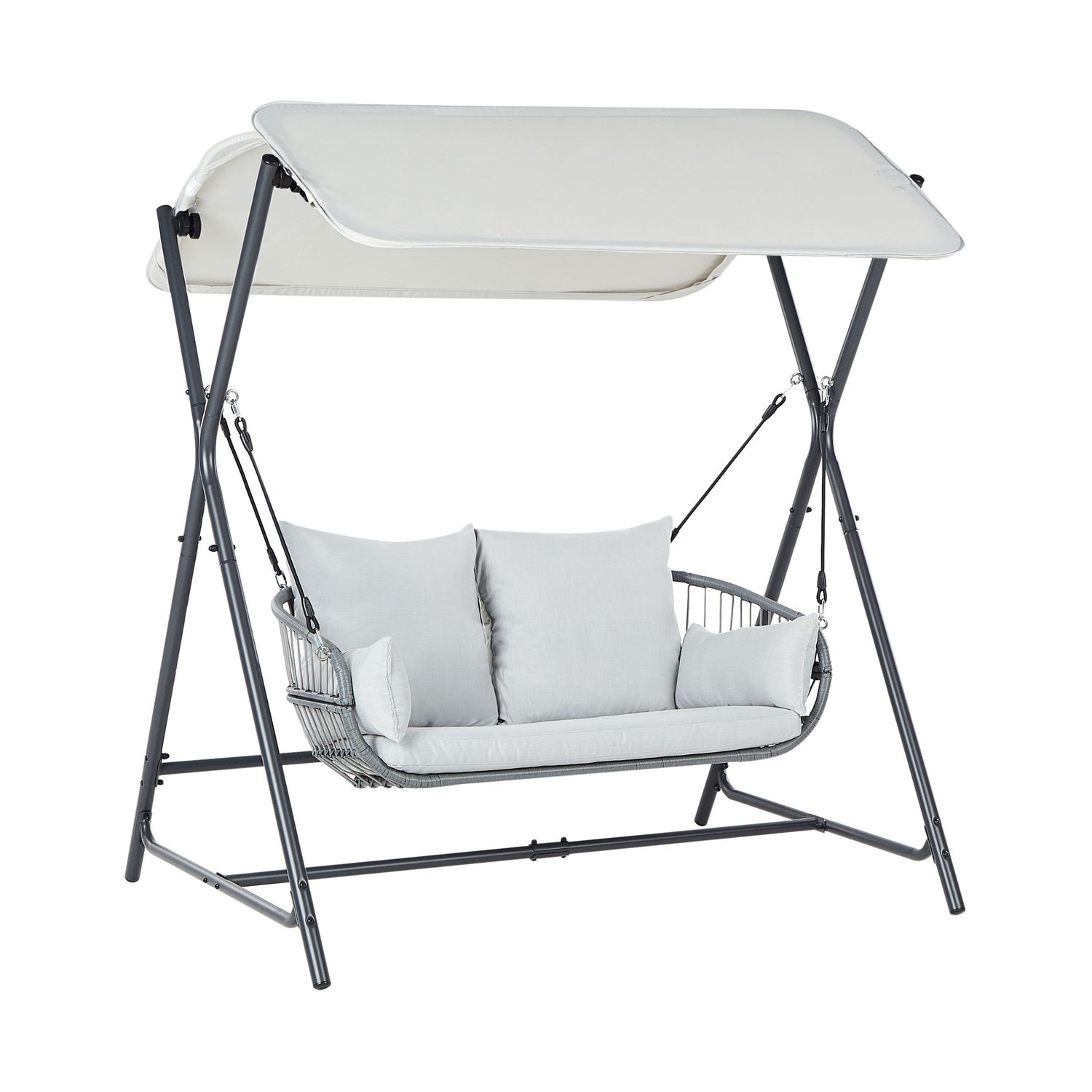 Moderne Gartenschaukel, Sitzfläche aus Polyester-Polyethylen mit Sonnendach, hellgraues Stahlgestell, Fiastra - Grau