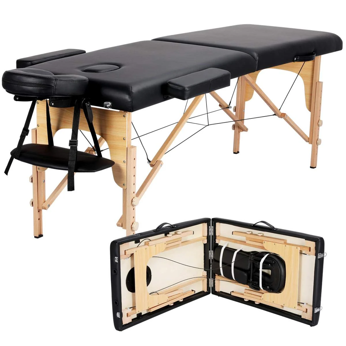 Yaheetech massagebord – Bærbart, foldbart behandlingsbord. Øjenvipper. Spa – Justerbart massagebord med 2 sektioner og non-woven taske. 24 tommer. Sort