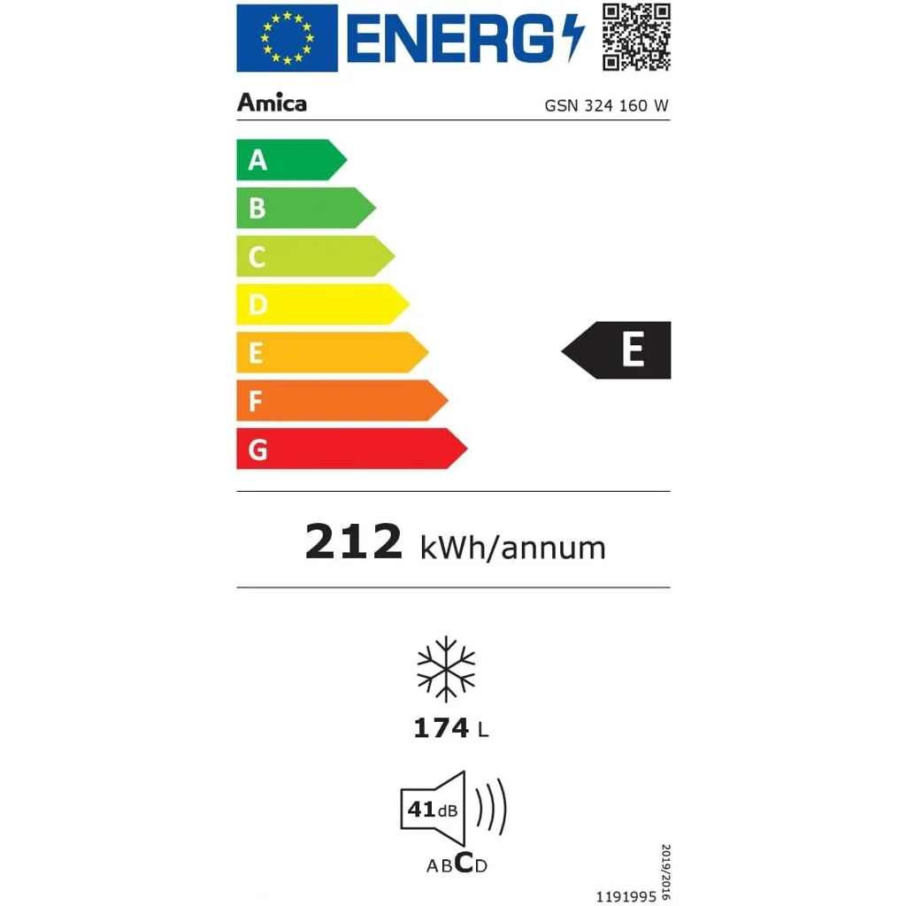 Amica GSN 324 (2025) – 160 W – 174-Liter-Gefrierschrank (vertikal). Energieeffizienzklasse E. Weiß.