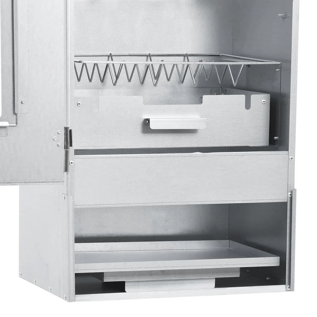 Smoker 2025 44,5 x 29 x 83 cm mit Tisch 40 x 28 x 44,5 cm verzinkt – Silberner Räucherschrank