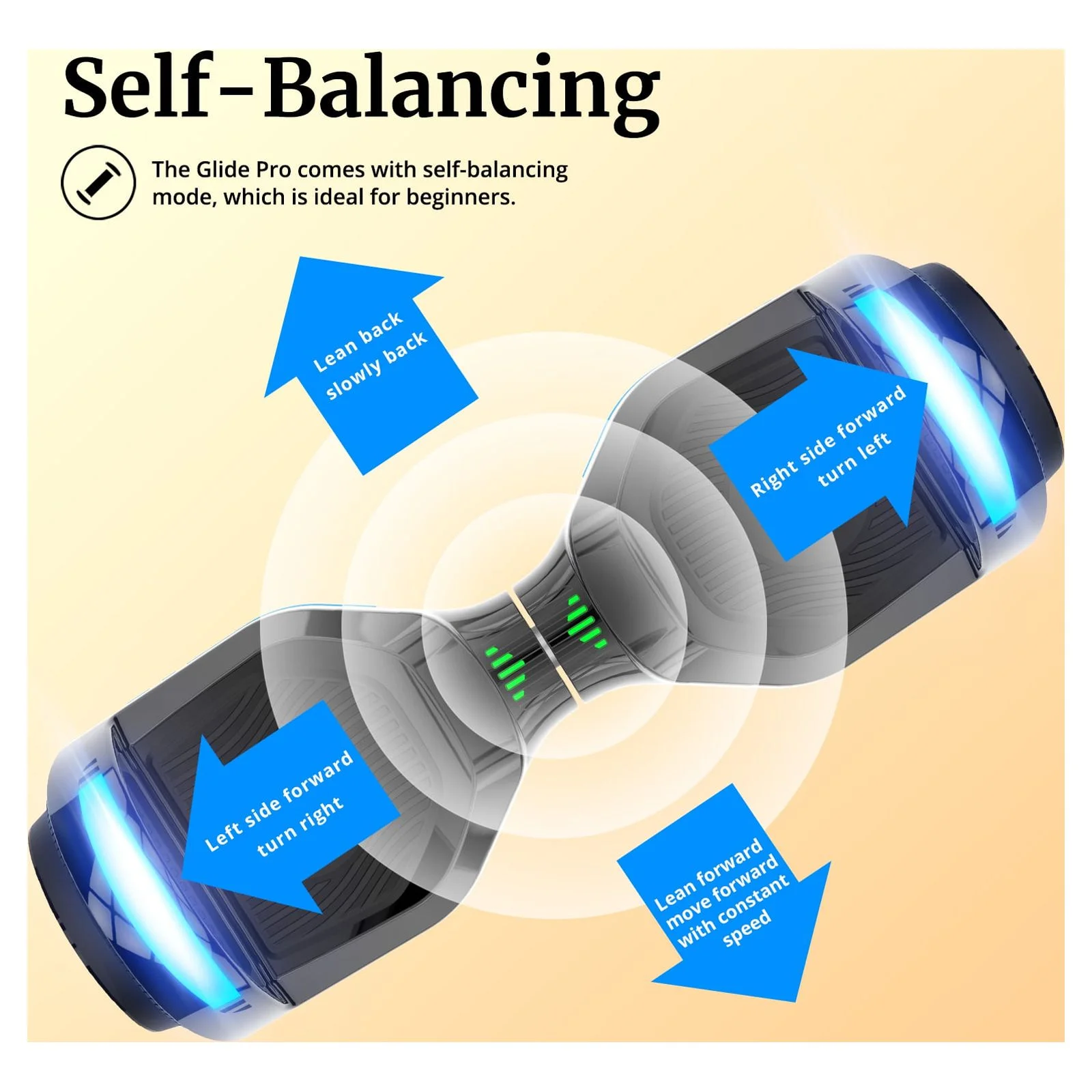 2025 GOTRAX GLIDE PRO Hoverboard med Bluetooth. 6,5-tommer hjul og 7-farvede flerfarvede LED-lys. Selvbalancerende løbehjul til børn og voksne (20-80 kg). Sølvfarvet.