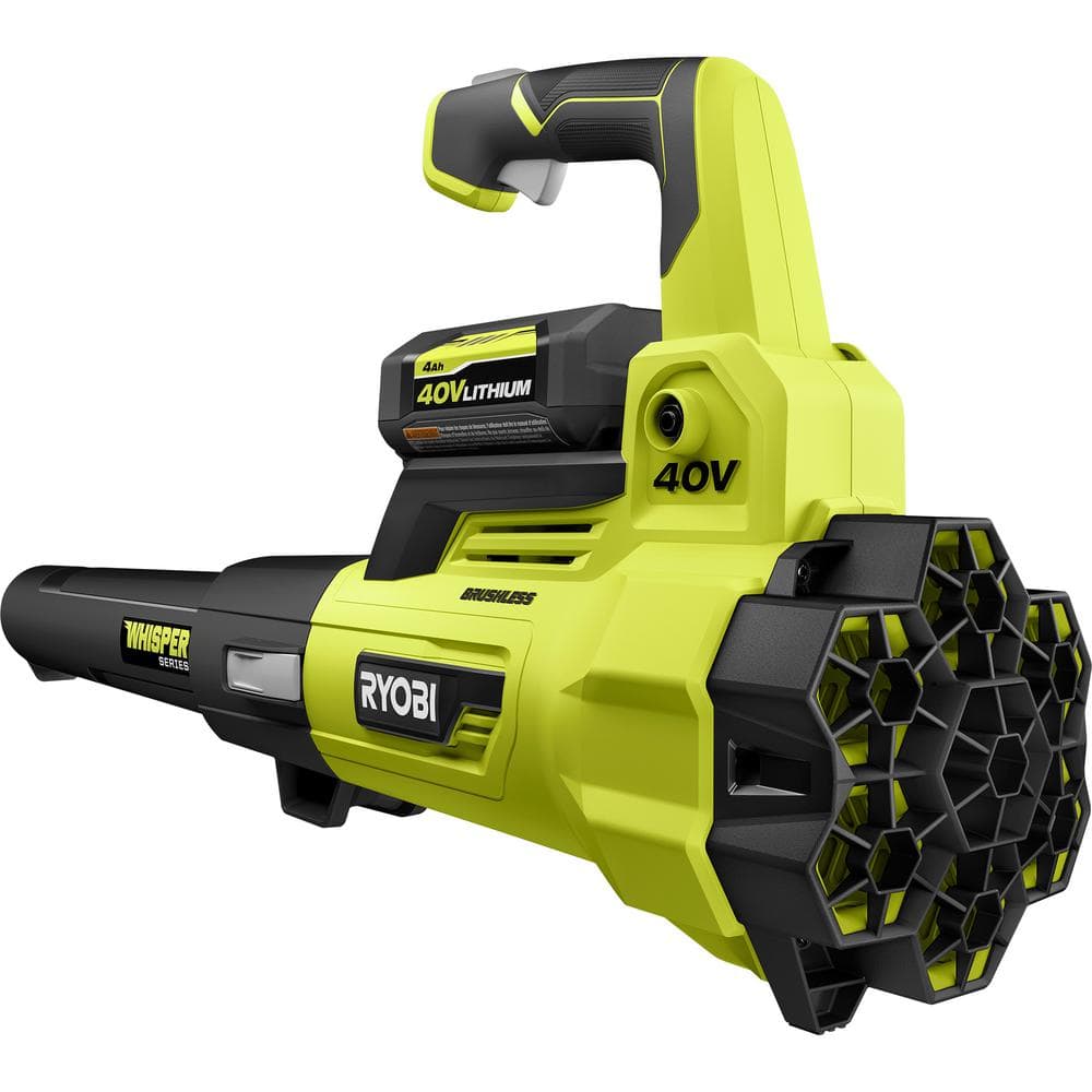 RYOBI Whisper Series 40V batteridrevet blæser med børsteløs motor, 200 km/t hastighed og 550 CFM luftstrøm, med 4,0 Ah batteri og oplader RY40470