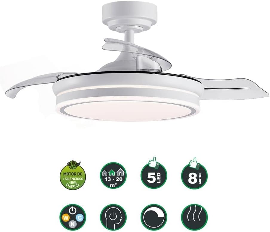 Wonderlamp – Mini ventilateur de plafond LED Pearl avec pales rétractables, moteur CC silencieux, 3 températures de couleur réglables, 46 W, blanc