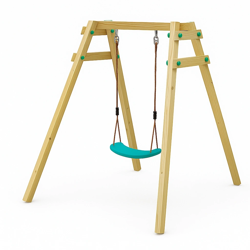 Balançoire de jardin avec structure en bois naturel, assise bleue, pour usage extérieur, avec cordes réglables 180x120x200cm - ILnBLKP189eE