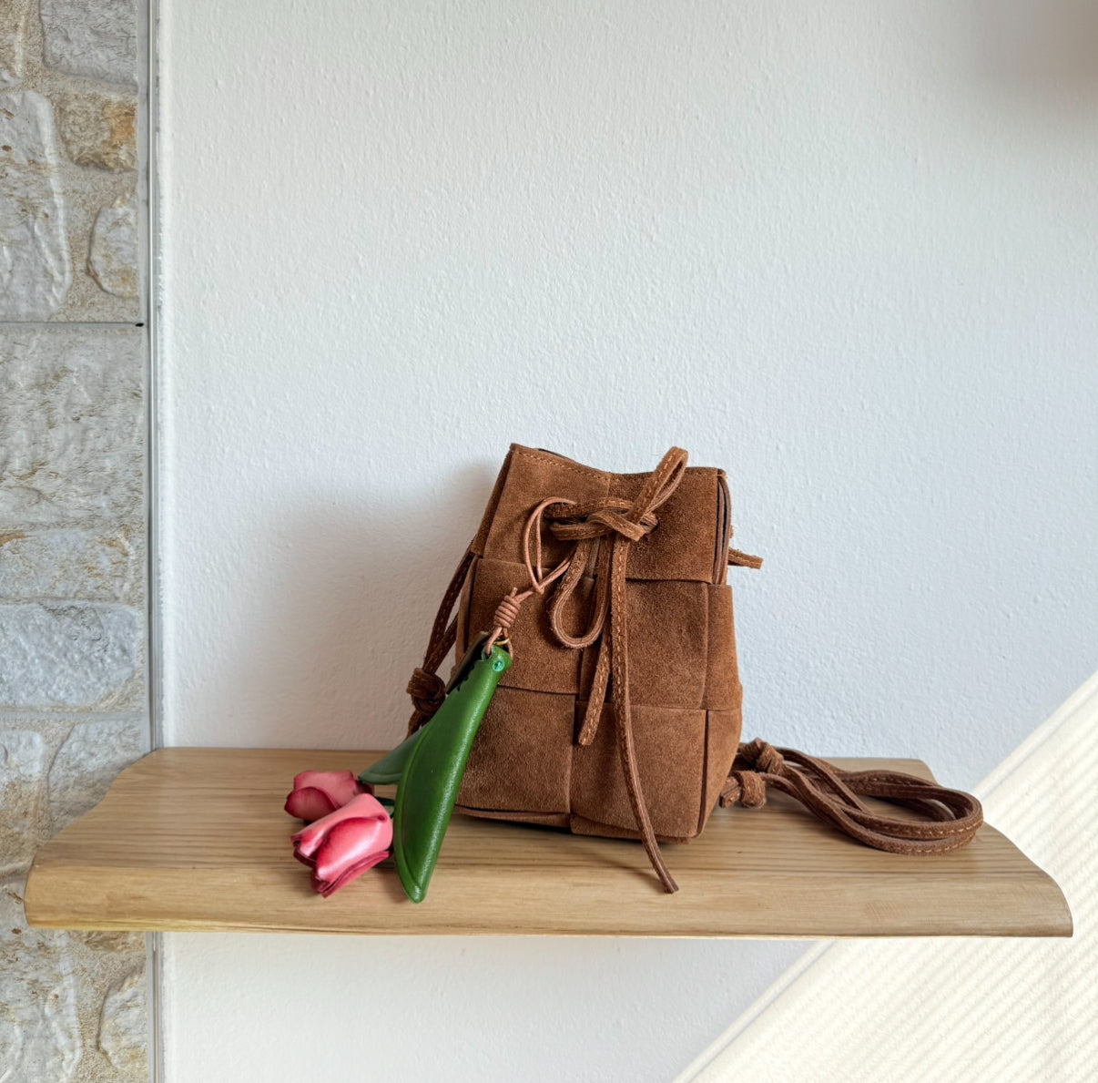 Emi - Handmade Suede Drawstring Woven Crossbody Bag