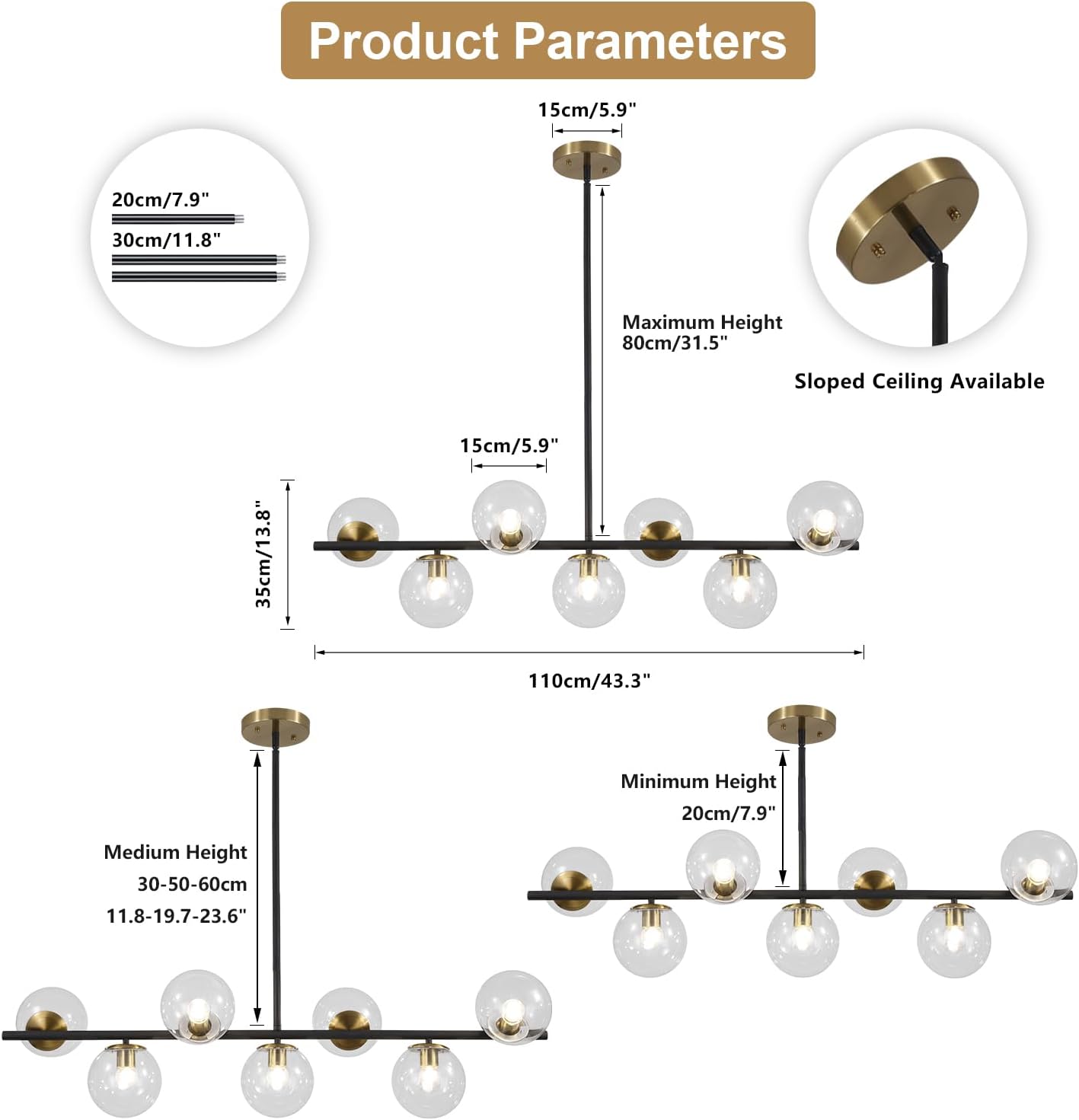 Moderne Esszimmerleuchte von KCO Lighting aus goldfarbenem Metall, Kücheninsel-Pendelleuchte aus weißem Glas, 7-flammig, E27, 80 cm höhenverstellbar