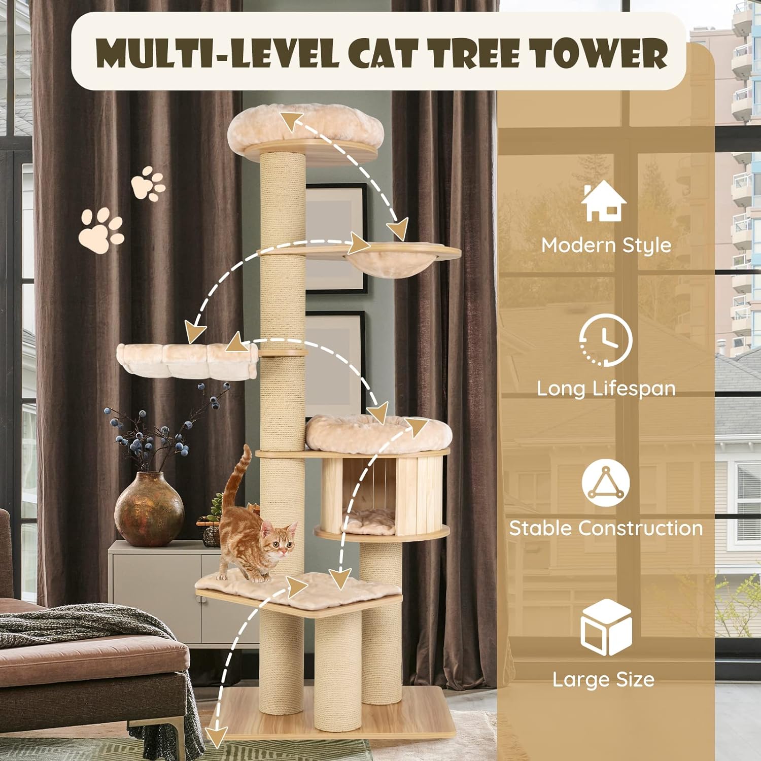 Grand arbre à chat, tour à plusieurs niveaux avec poteau en sisal, hamac, panier suspendu et tapis amovibles et lavables, parfait pour les grands chats