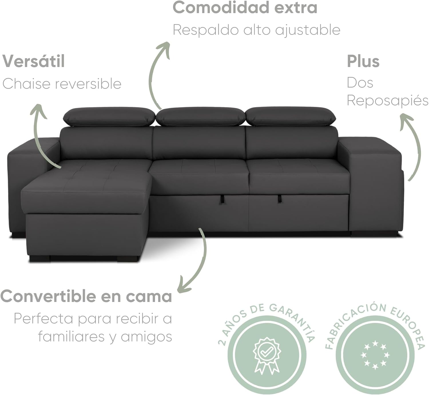 BUDWING John 4-Sitzer Ecksofa mit Schlaffunktion – Wendbare Chaiselongue, verstellbare Kopfstütze und 2 Hocker – Polyurethanbezug – Modernes Design – 263 x 161 x 96 cm – Schwarz