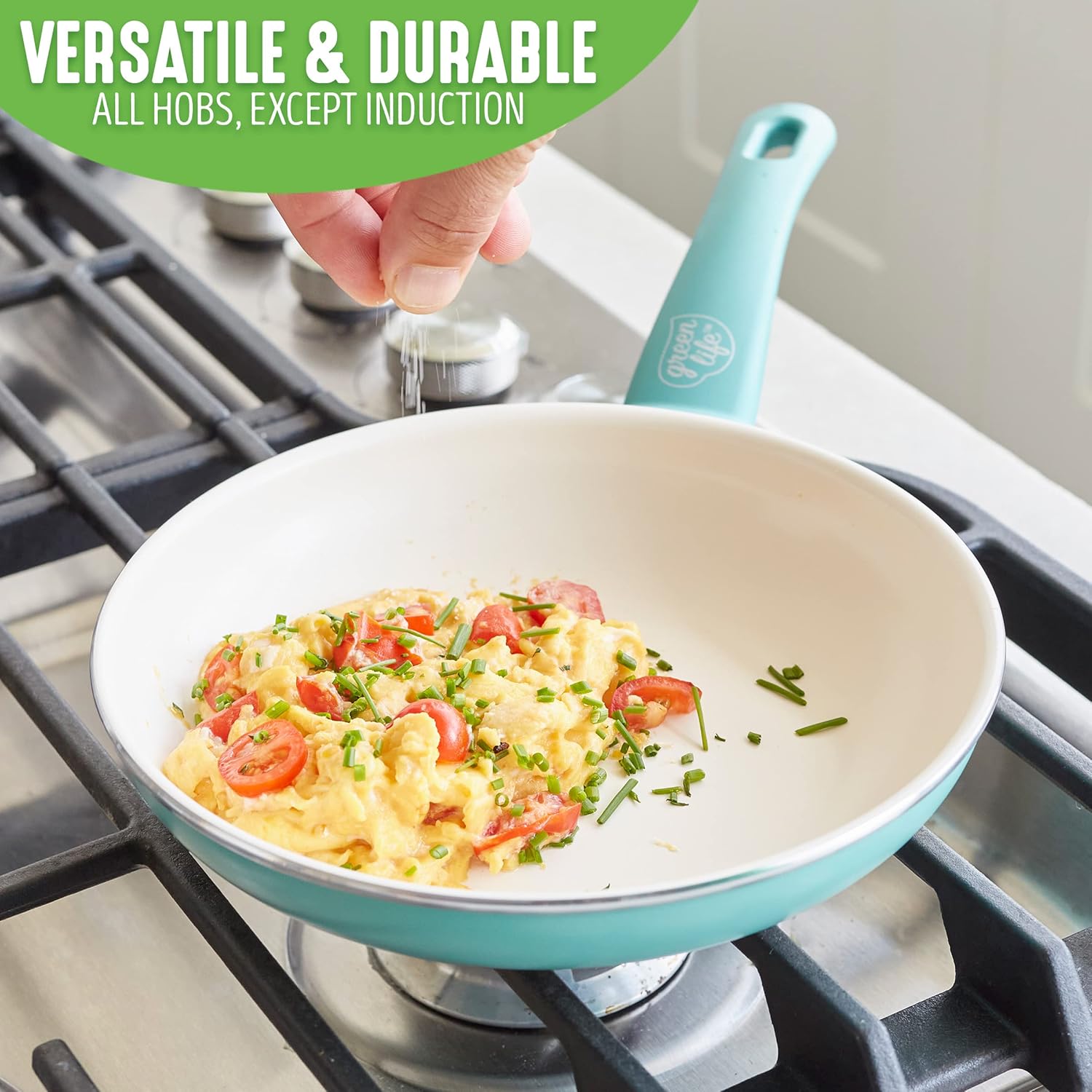 GreenLife Soft Grip 16-teiliges Antihaft-Keramik-Kochgeschirr-Set, bestehend aus Bratpfanne, Stielkasserolle und Topf, PFAS-frei, spülmaschinenfest, ofenfest, türkis