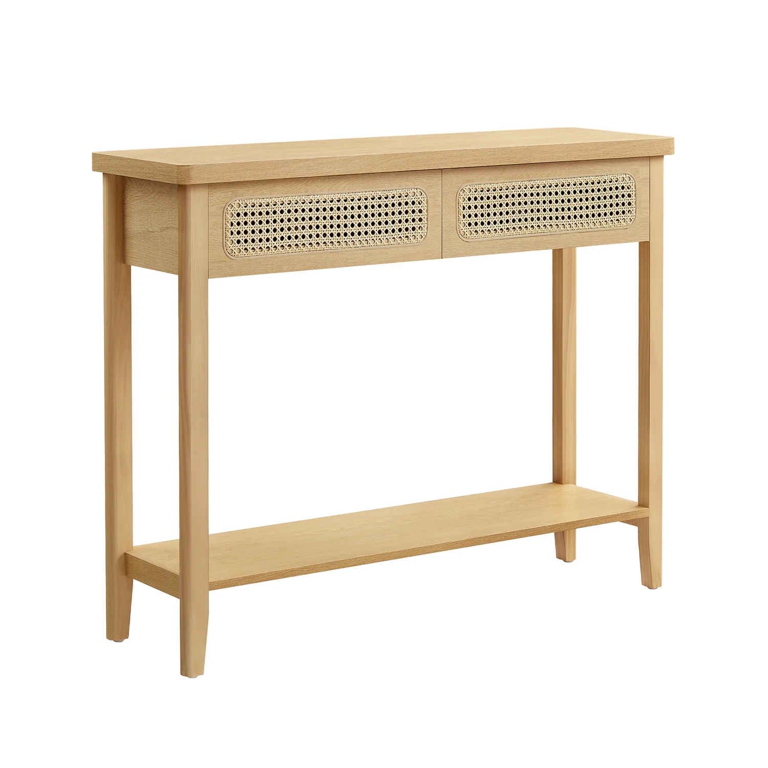 Smalt konsolbord til entré/stue med skuffer, åben hylde og afrundede hjørner
