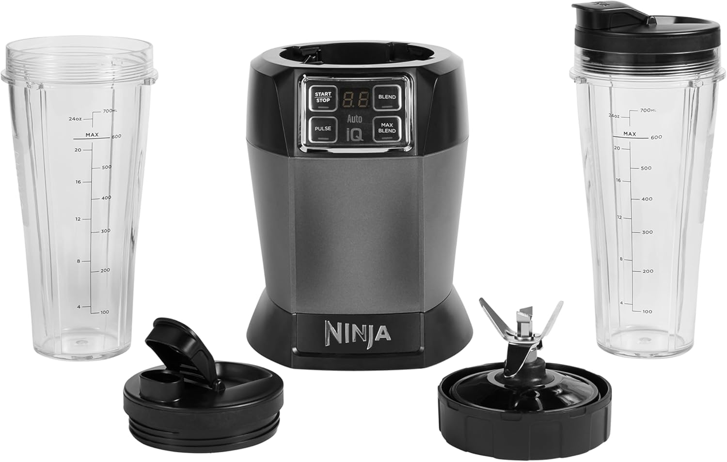 Ninja BN750EU 2-in-1-Standmixer – 1200 W, 3 Automatikprogramme, 4 manuelle Einstellungen, Auto-iQ-Technologie, 2,1-Liter-Behälter und 700-ml-Messbecher, spülmaschinenfeste Teile – Schwarz/Silber