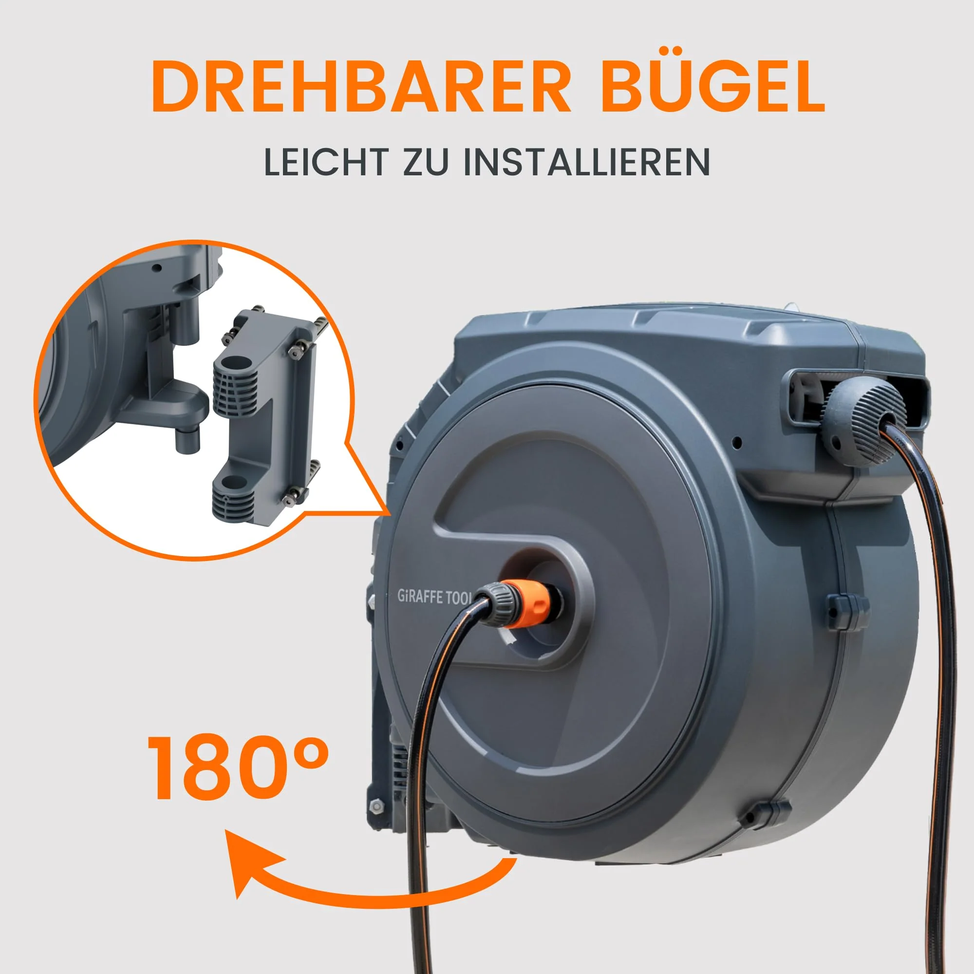 2025 Giraffe Tools automatisk vægmonteret slangeoprullerboks 35m + 2m. 180° roterende slangeopruller med 7 justerbare dyser og tilslutningsslange
