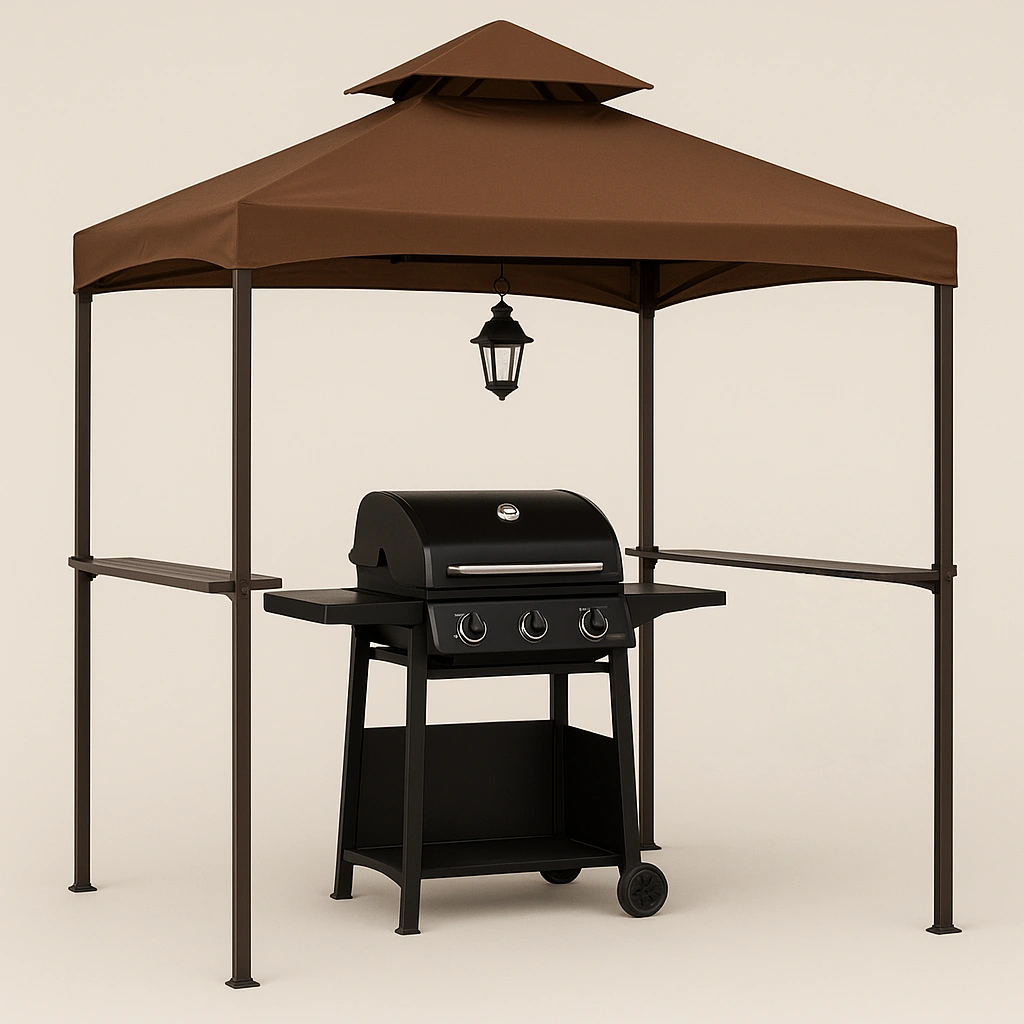 Abri de jardin extérieur avec barbecue et auvent, marron/métal, pour usage extérieur, 220 cm x 120 cm x 270 cm