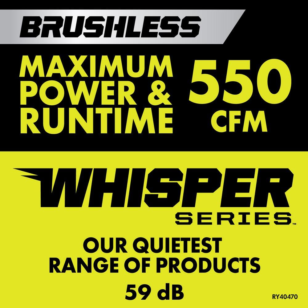 Souffleur portatif RYOBI 40 V sans balais, série Whisper, 2025, 125 mi/h, 550 pi³/min, avec batterie 4,0 Ah et chargeur RY40470