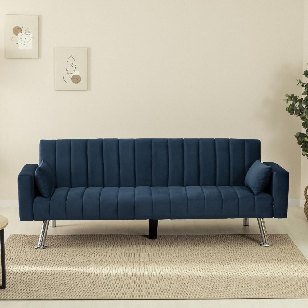 Nalui – Gepolstertes 3-Sitzer-Schlafsofa 210 x 80 x 79 cm, einlagig, 2 Kissen, Klick-Klack-Öffnungsmechanismus mit verstellbarer Rückenlehne. Samt-Chaiselongue-Schlafsofa, umwandelbar in ein Doppelbett | Beige