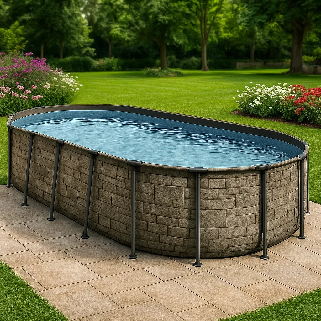 Piscine ovale tubulaire en acier démontable 472 x 286 x 104 cm, coloris pierre/bleu LbnVOvs153lD