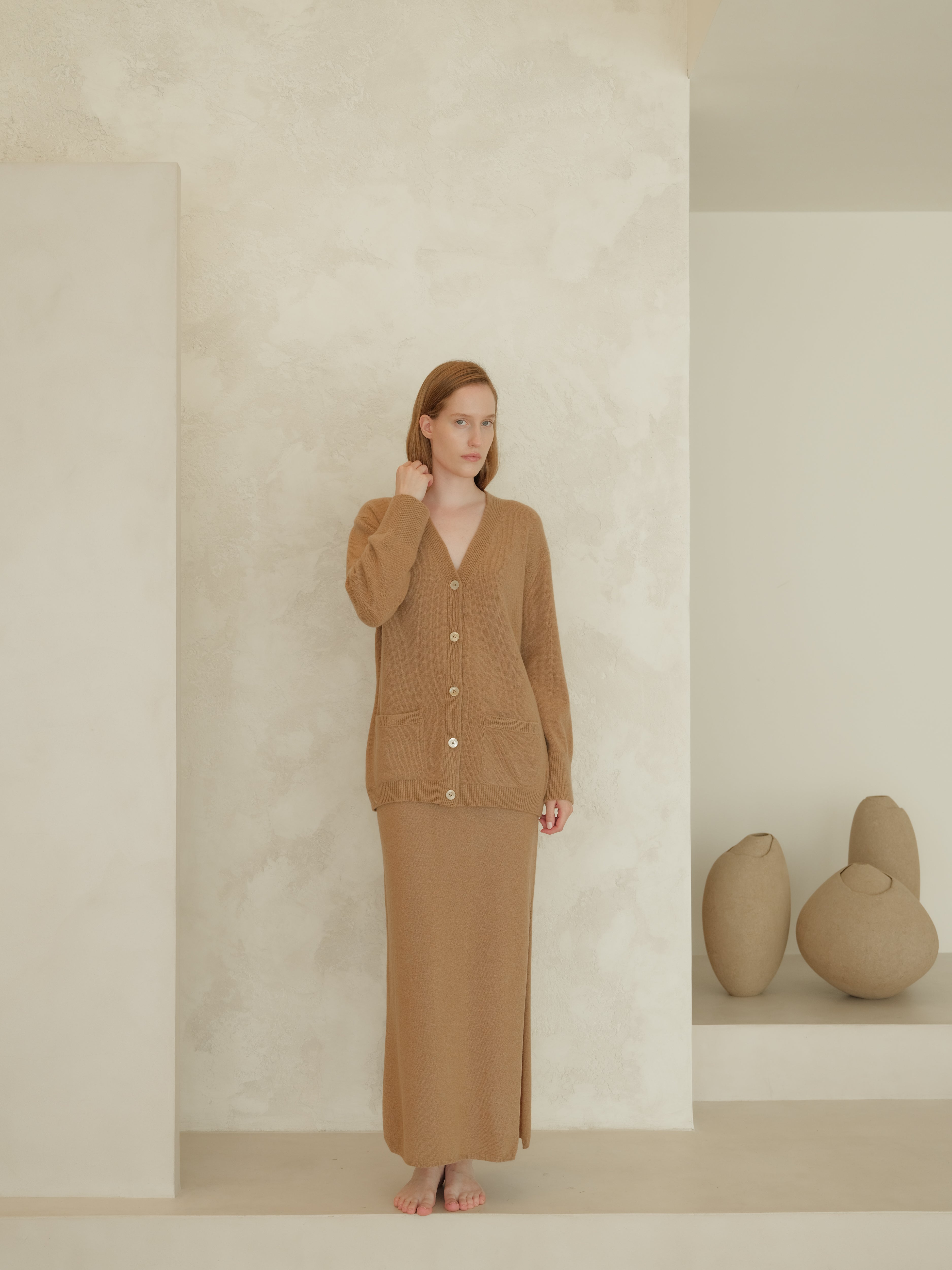 Cashmere Blend High-Waist Long Skirt With Side Slit (3D-Knit)