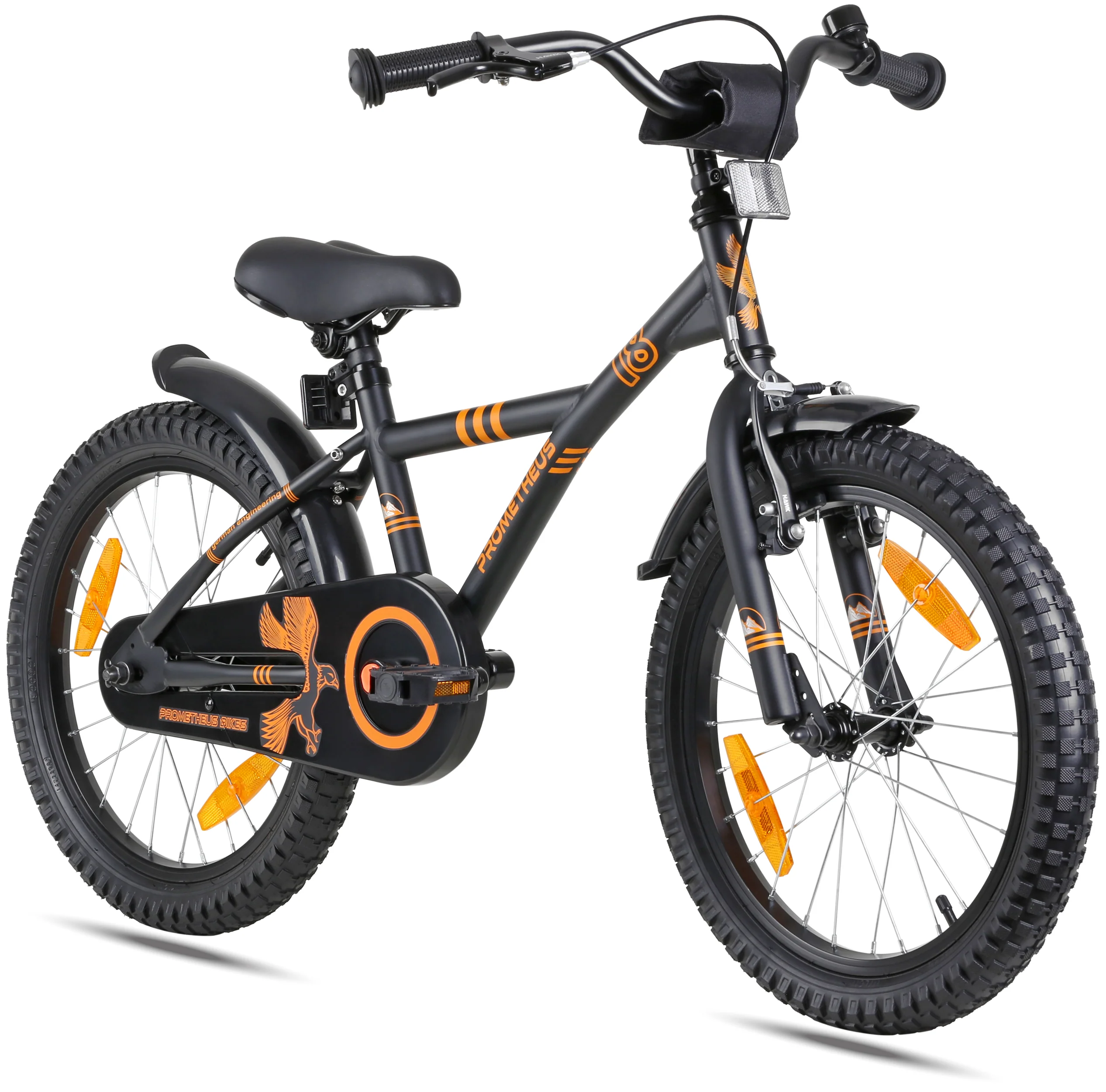 Vélo enfant 2025 de 18 pouces. Noir mat et orange. À partir de 5 ans.