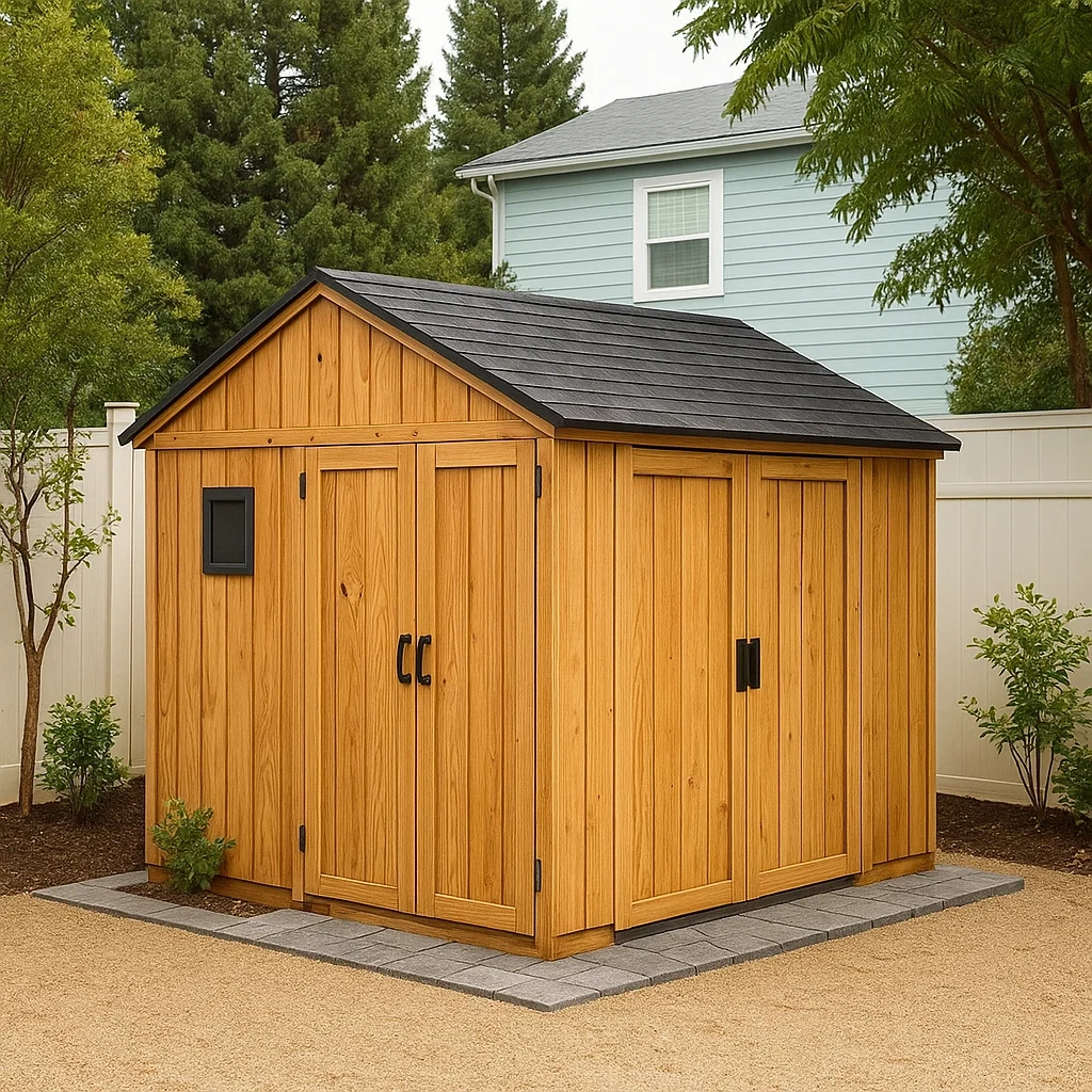 Abri de jardin en bois avec toit à deux pans et double porte, couleur bois, dimensions 250 x 300 x 240 cm, pour extérieur - PJheShe8VhHl