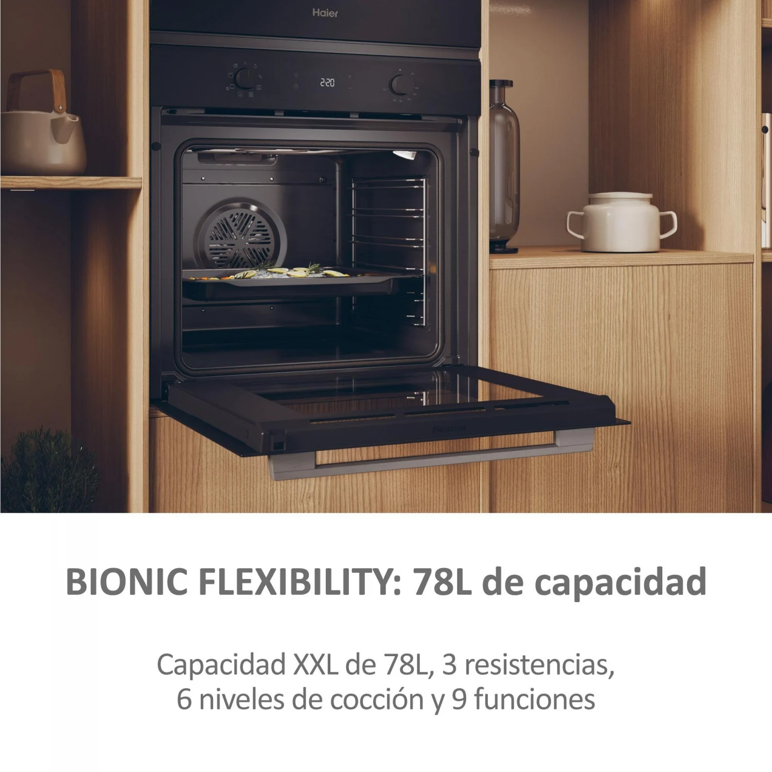 Haier H6 ID2P3T1HTX Multifunktionsbackofen, 3,3 kW, 78 l, Klapptür, 6 Kochfunktionen, Energieeffizienzklasse A+ – Schwarz