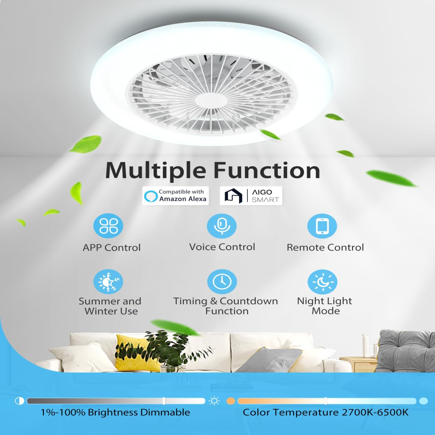 Aigostar - Ventilateur de plafond Alexa, lumière LED 40 W, 4 400 lm, 2 700 K-6 500 K et RGB à intensité variable, lampe de ventilateur de plafond intelligente avec télécommande et passerelle, silencieux, 6 vitesses, diamètre 50 cm, 2 unités