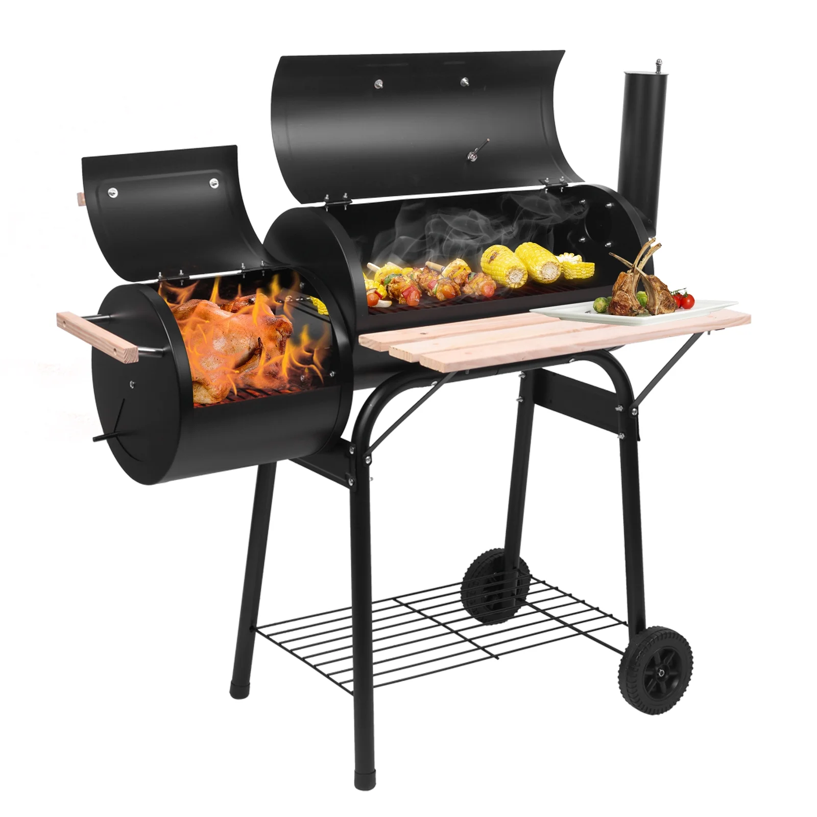 UBesGoo tragbarer Holzkohlegrill mit seitlichem Räuchereinsatz aus Stahl für Camping. Schwarz.