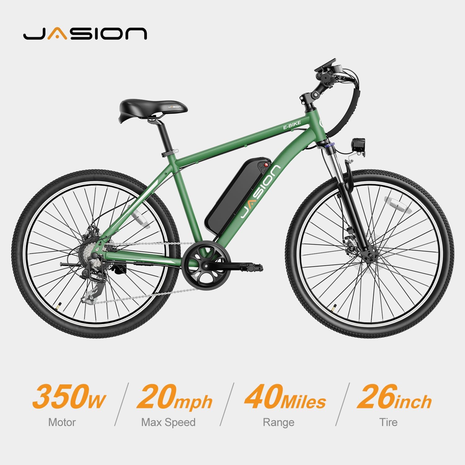 Vélo électrique Jasion EB5 pour adultes avec batterie amovible de 360 ​​Wh, 64 km, 32 km/h, VTT électrique de ville avec moteur de 350 W, 7 vitesses, pneus de 26 pouces et suspension avant.