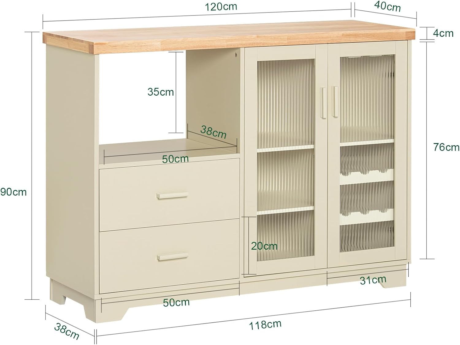 SoBuy FSB81-GR Küchenbuffet mit Mikrowellenfunktion für Esszimmer, Eingangsbereich und Wohnzimmer, mit 2 Türen, 2 Schubladen und 1 offenem Fach, Grün, 120 x 40 x 90 cm, EN