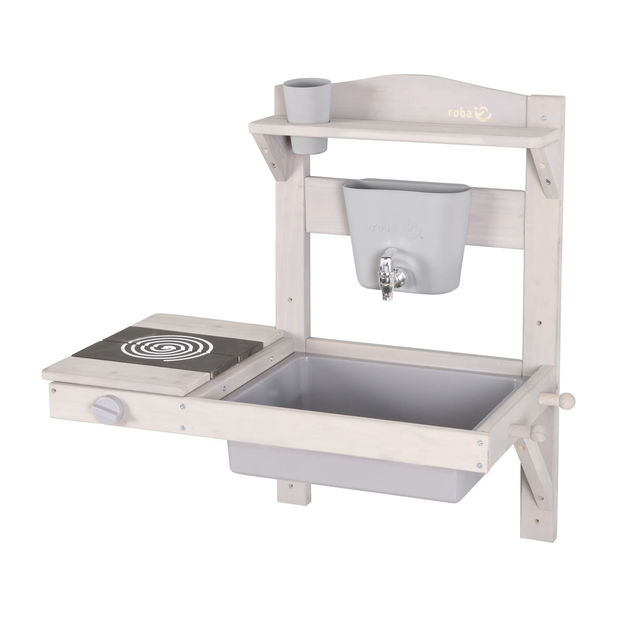 Hængende legekøkken og lerpotte med tilbehør – FSC-certificeret træ – Graveret grå finish