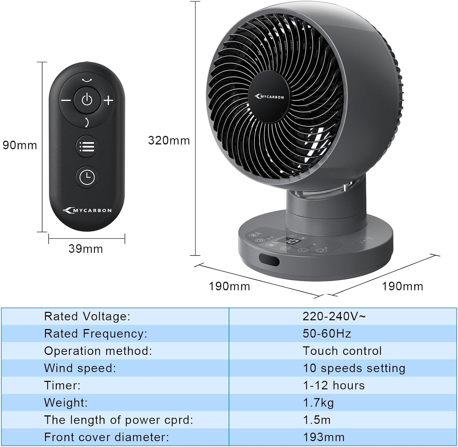 Ventilateur de table silencieux MYCARBON Turbo 20 dB, moteur CC puissant, oscillation 30°-60°-90°, 11 vitesses, minuterie 12 h et démarrage programmé, avec télécommande