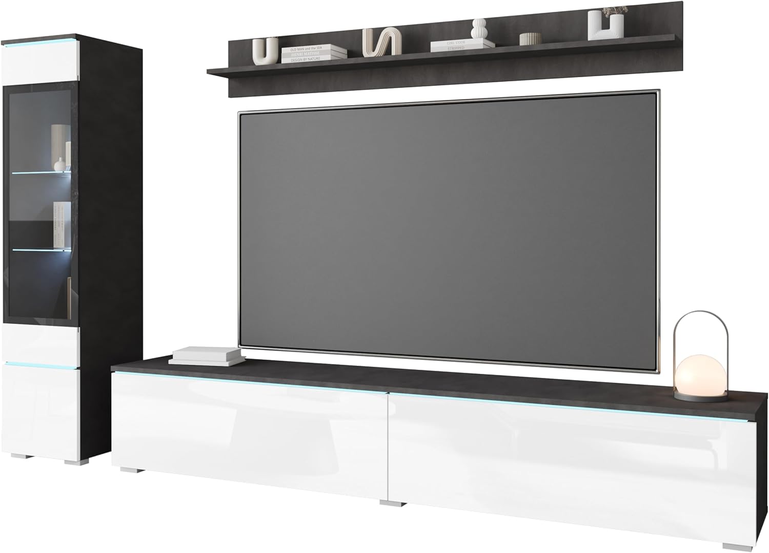 PIASKI Vera I Wohnzimmermöbel-Set, optionale LED-Beleuchtung, Wohnzimmermöbel-Set, verschiedene Farben (Beton/Glanzweiß, ohne LED-Beleuchtung)