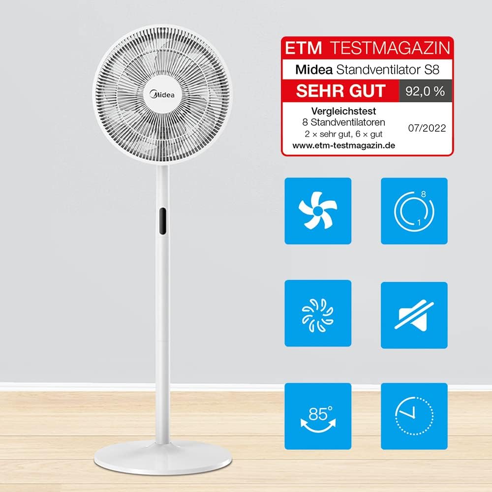 Ventilateur sur pied MIDEA 12 vitesses avec télécommande – Ventilateur silencieux avec oscillation 120º + 135º – Ventilateur avec minuterie, filtre et doubles pales – Débit d'air jusqu'à 24 mètres