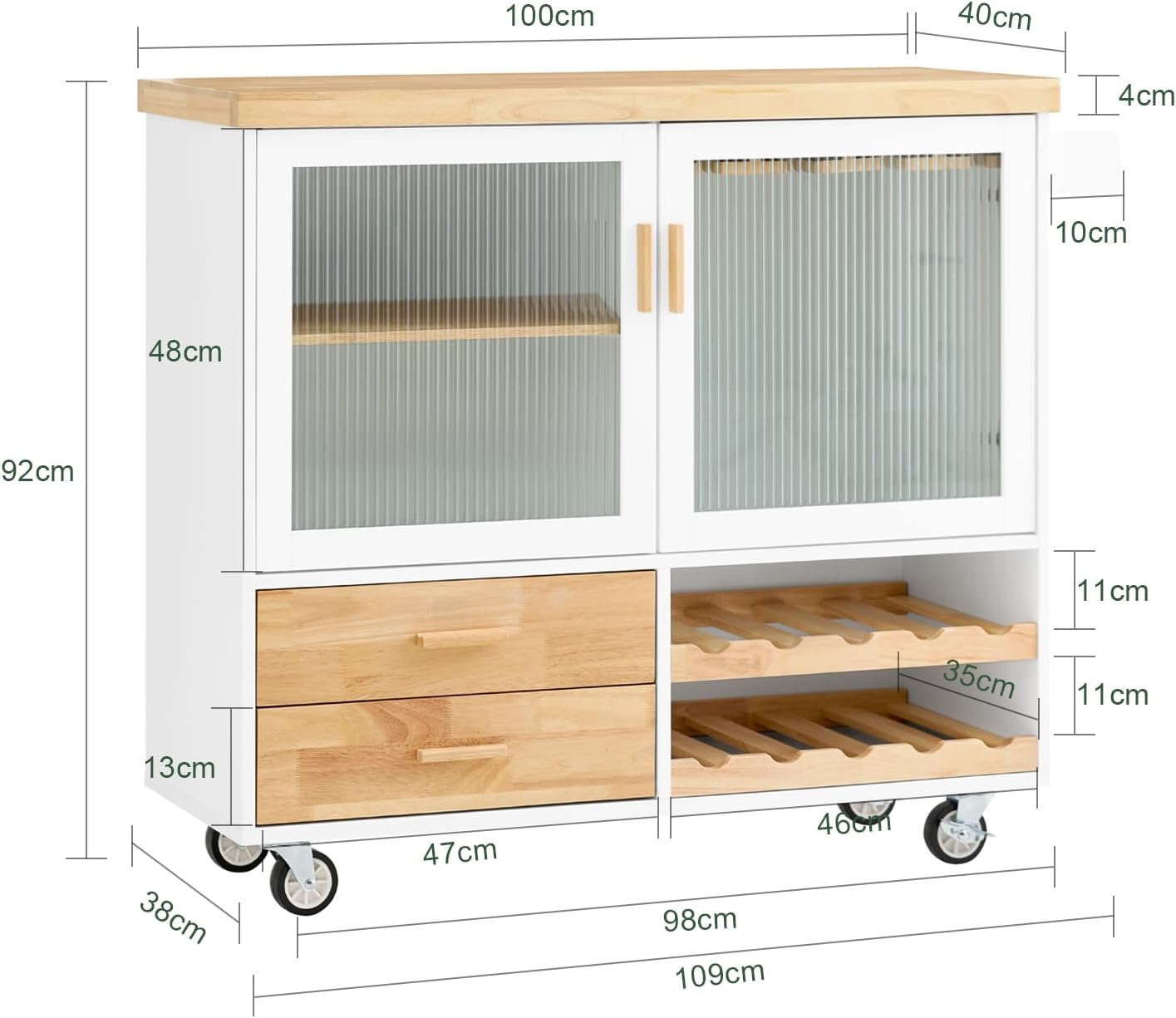 SoBuy FSB81-GR Küchenbuffet mit Mikrowellenfunktion für Esszimmer, Eingangsbereich und Wohnzimmer, mit 2 Türen, 2 Schubladen und 1 offenem Fach, Grün, 120 x 40 x 90 cm, EN