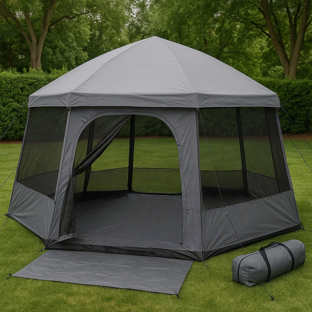 Tente-gazebo heptagonale en polyester gris pour une utilisation extérieure, jardin/camping, 350 x 350 x 260 cm - SkfzgmA336WL