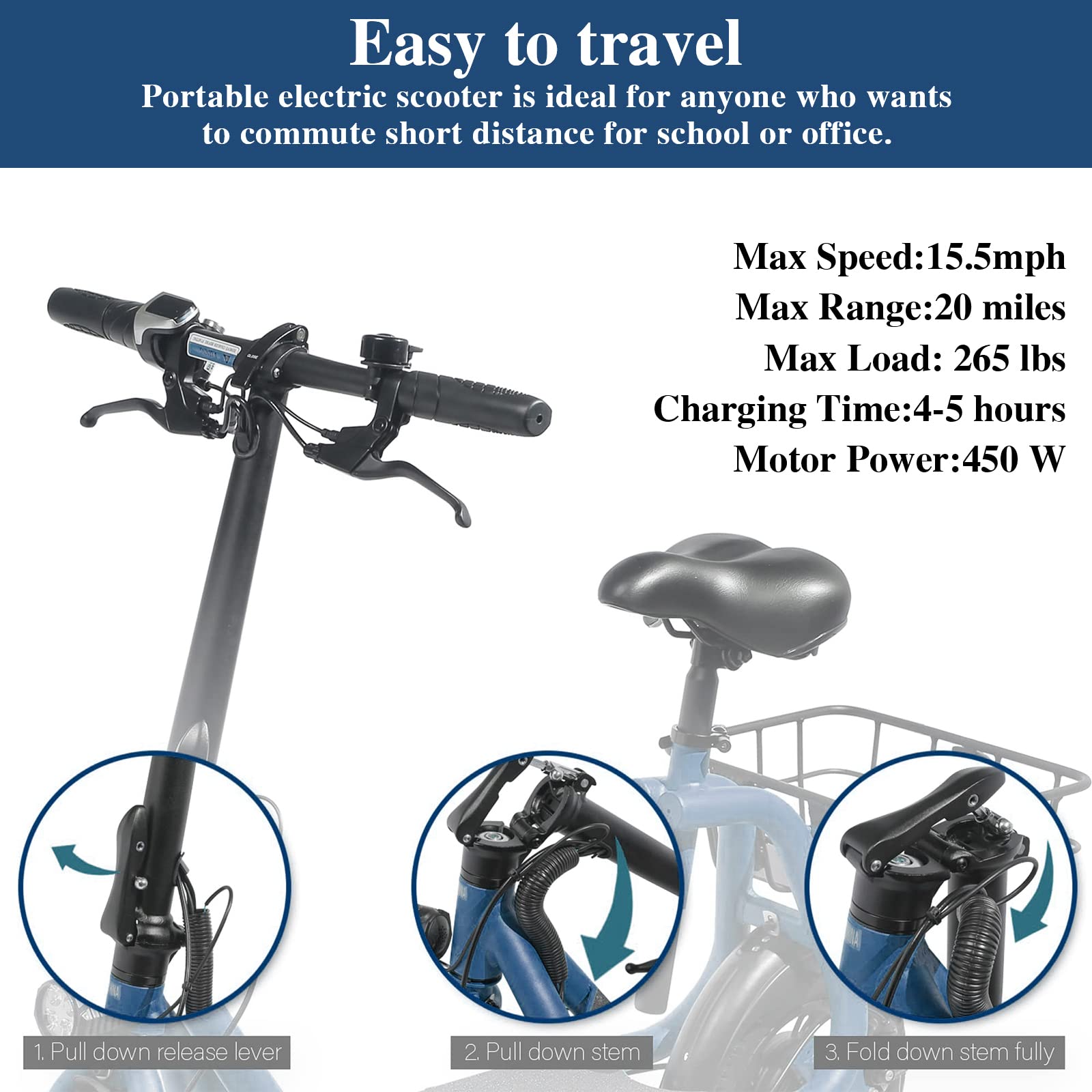 Sammenklappelig el-scooter til voksne med sæde. 450W børsteløs motor. 12-tommer terrængående dæk. 32 km rækkevidde. Let og bærbar.