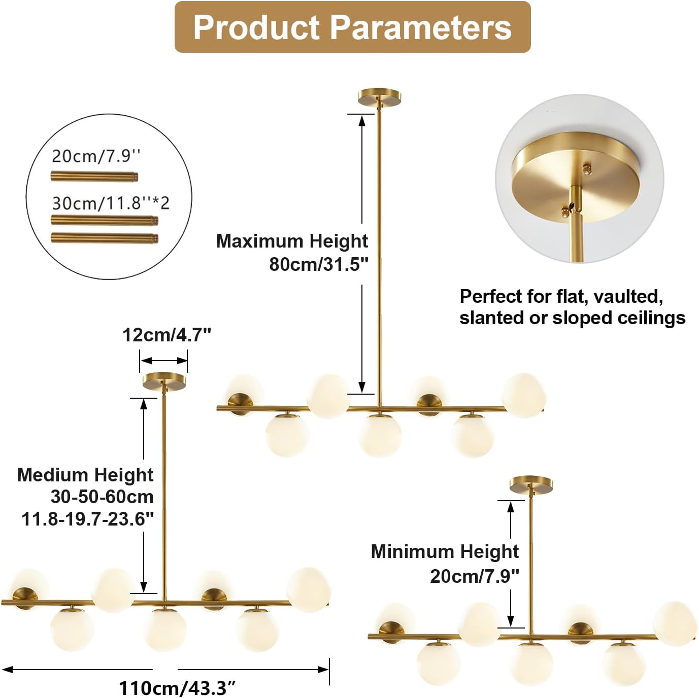 Moderne Esszimmerleuchte von KCO Lighting aus goldfarbenem Metall, Kücheninsel-Pendelleuchte aus weißem Glas, 7-flammig, E27, 80 cm höhenverstellbar