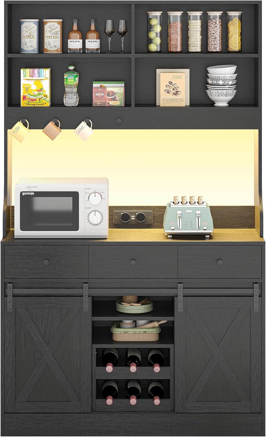 Küchenschrank, Küchen-Sideboard mit LED-Beleuchtung, Steckdosen, Buffet-Schrank, ausziehbarem Weinregal, 3 Schubladen, verstellbaren Einlegeböden, Küche, Wohnzimmer, Esszimmer, 103,5 x 40 x 180 cm, Schwarz