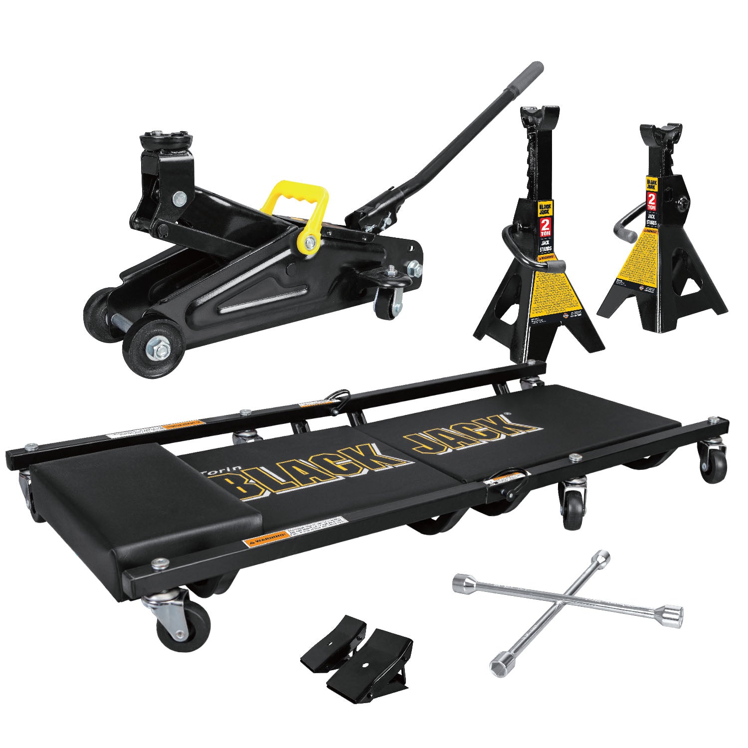 Kit combiné de cric Blackjack 2 tonnes 2025 avec cric hydraulique, paire de chandelles, chariot pliable, clé à roue et paire de cales de roue antidérapantes