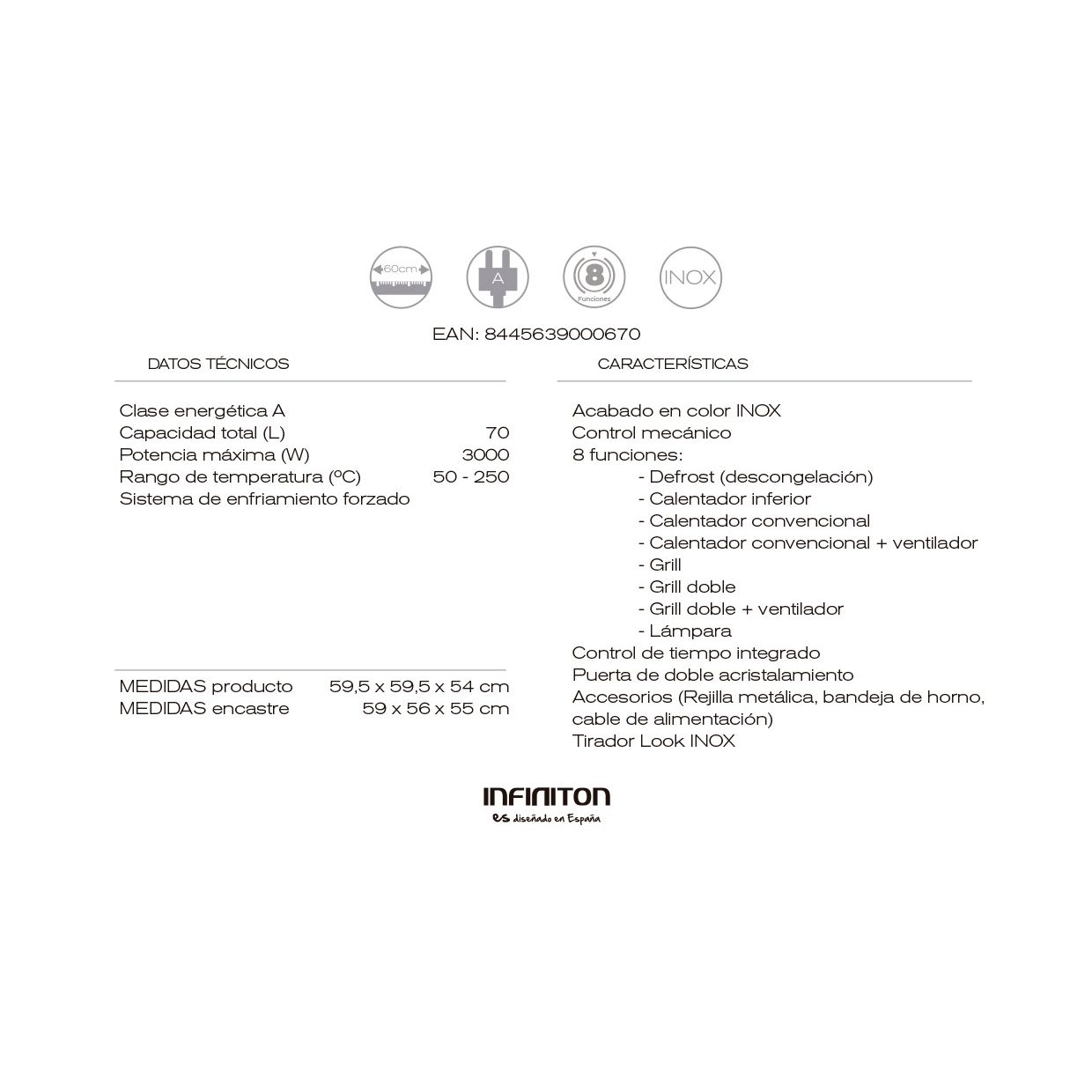 Infiniton B698 Backofen – Multifunktions-Elektrobackofen, Edelstahl, 70 Liter, 3000 W, 60 cm hoch, 8 Funktionen, Doppelverglasung, Energieeffizienzklasse A